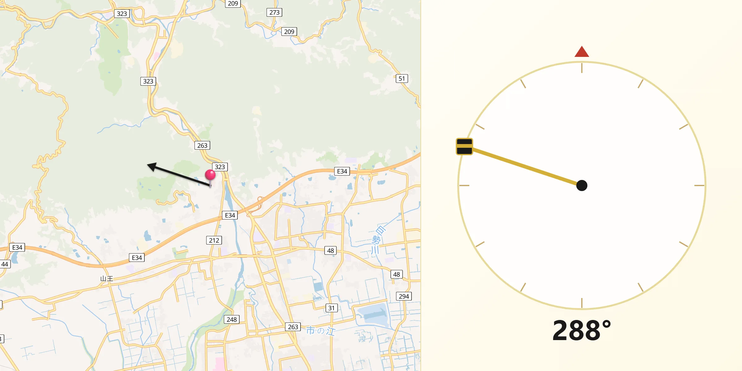 大和町川上からキブラへの方向
