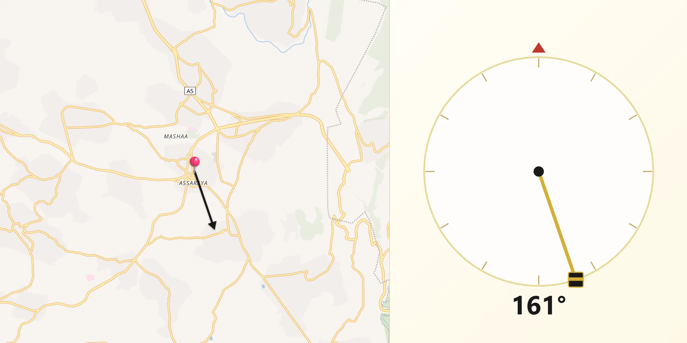 Direction vers la Qibla depuis Nabatîyé et Tahta
