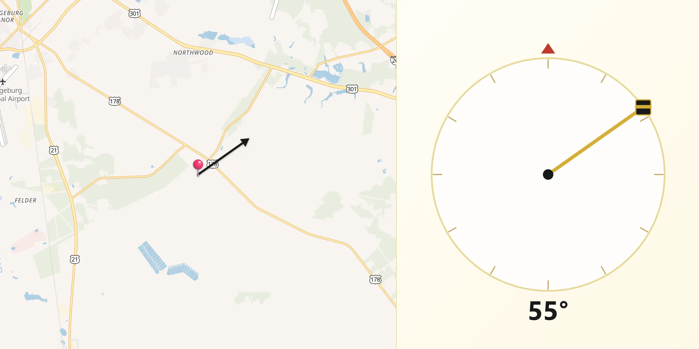 Qibla Direction from Orangeburg County