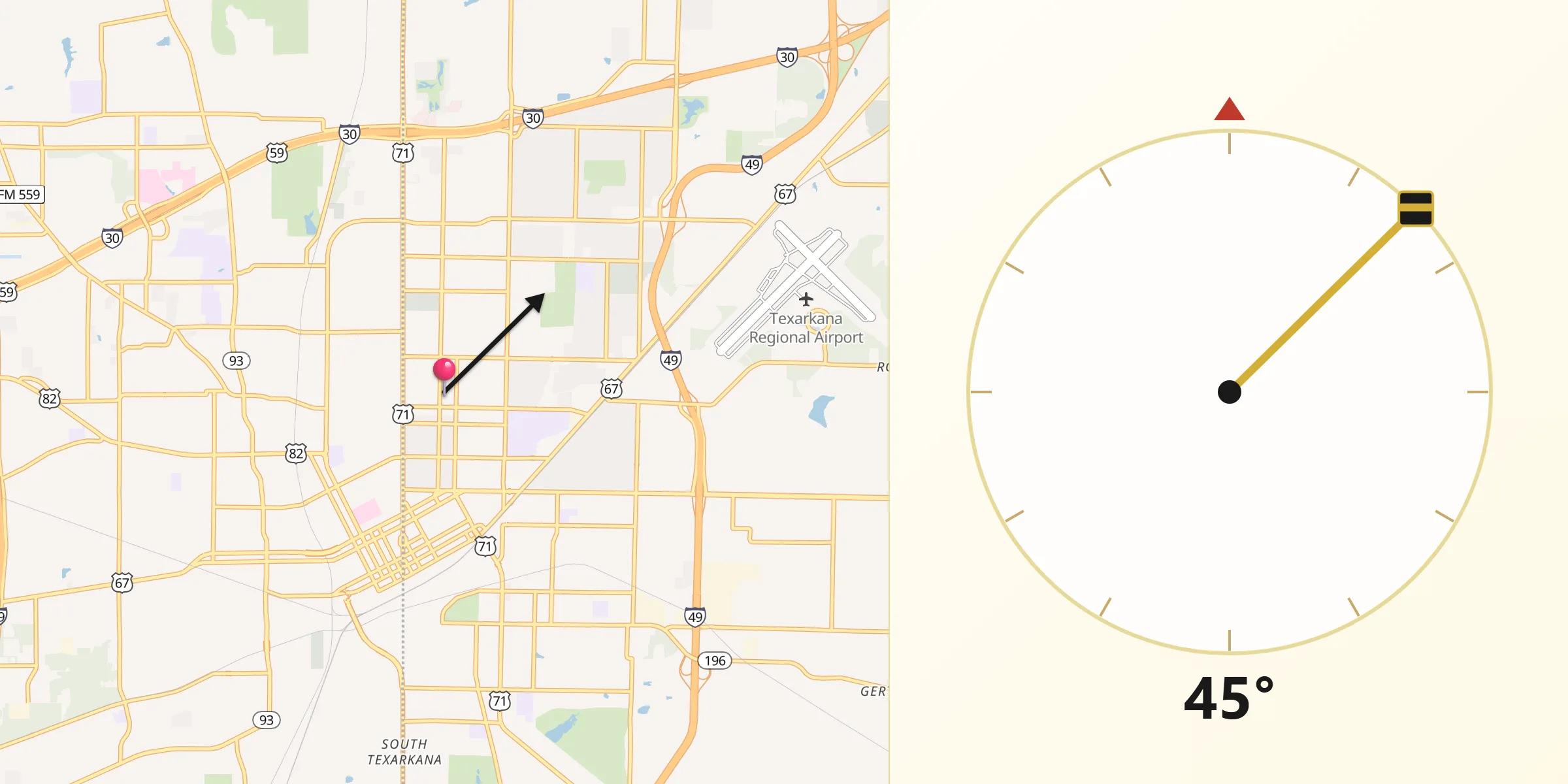 Qibla Direction from Texarkana