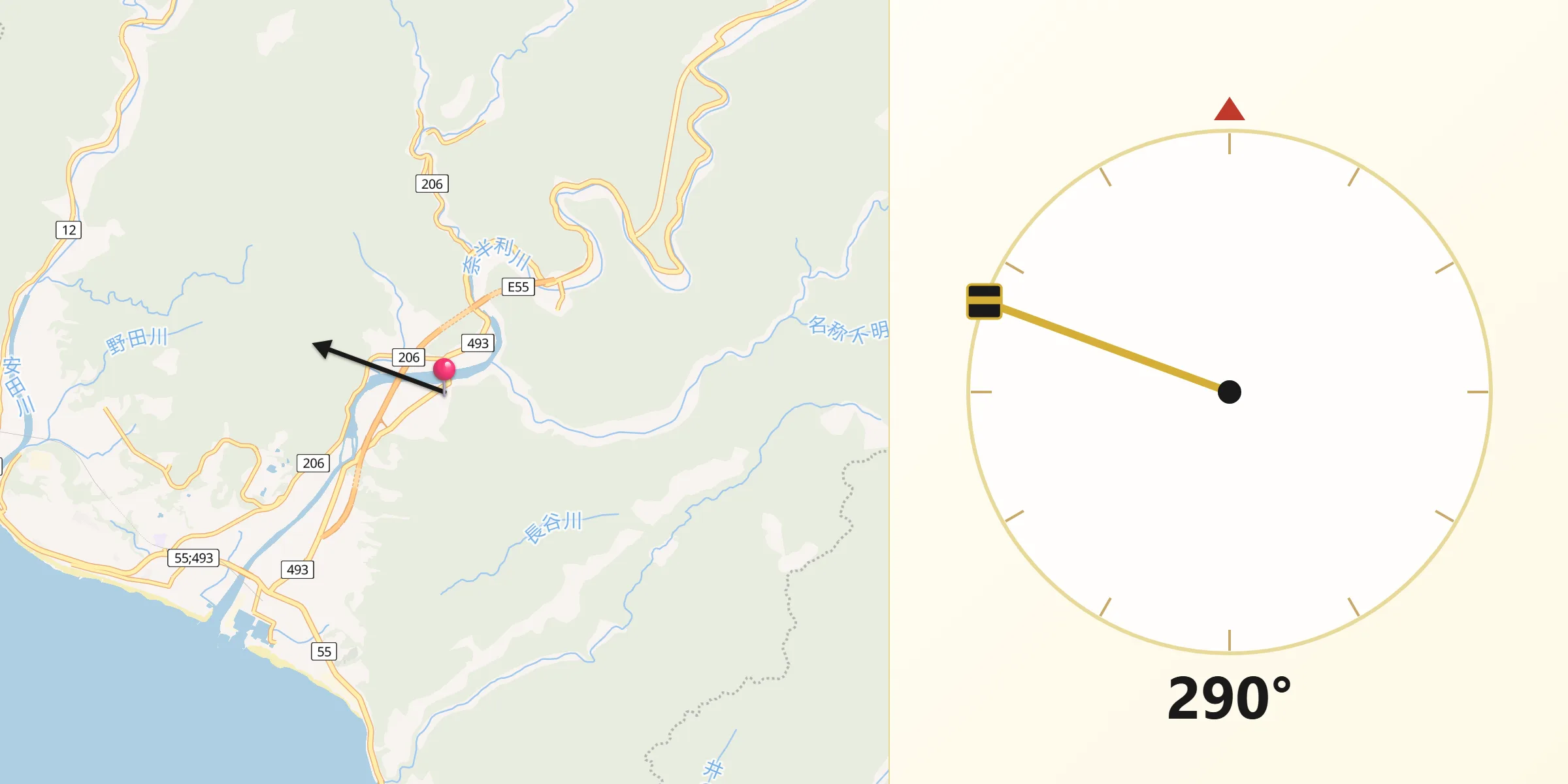 北川村からキブラへの方向