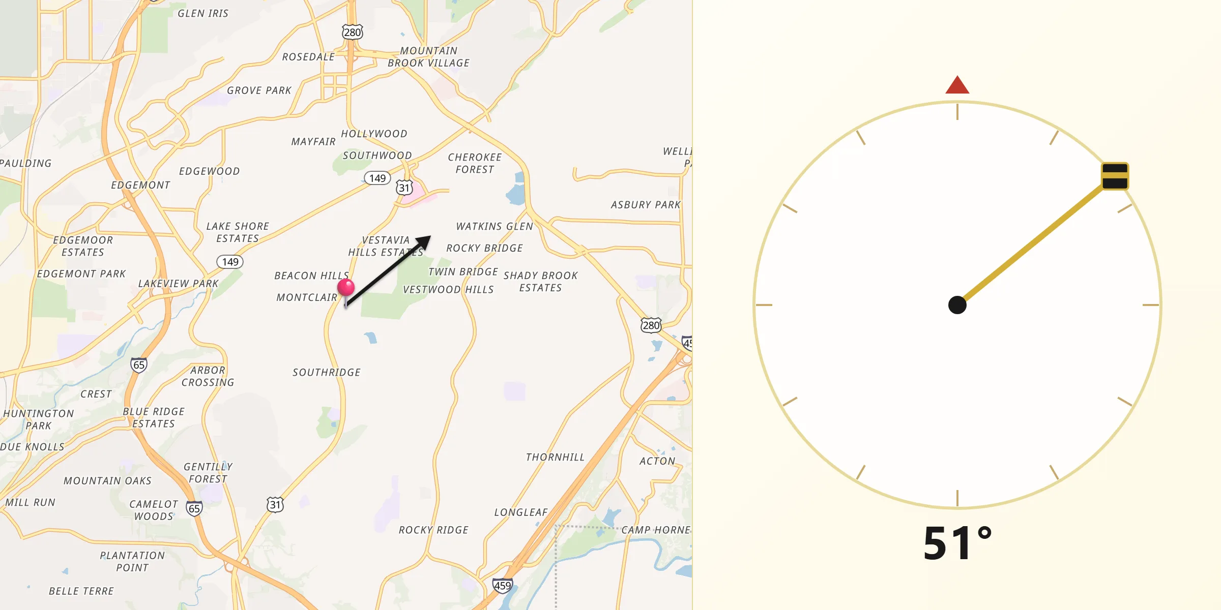 Qibla Direction from Vestavia Hills
