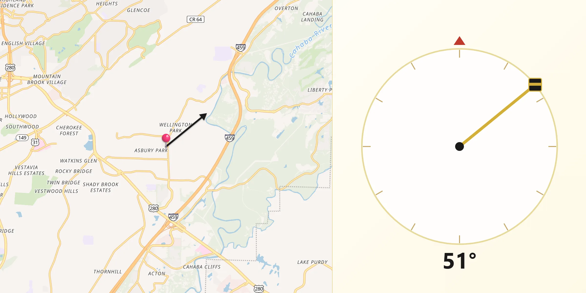 Qibla Direction from Cahaba Heights