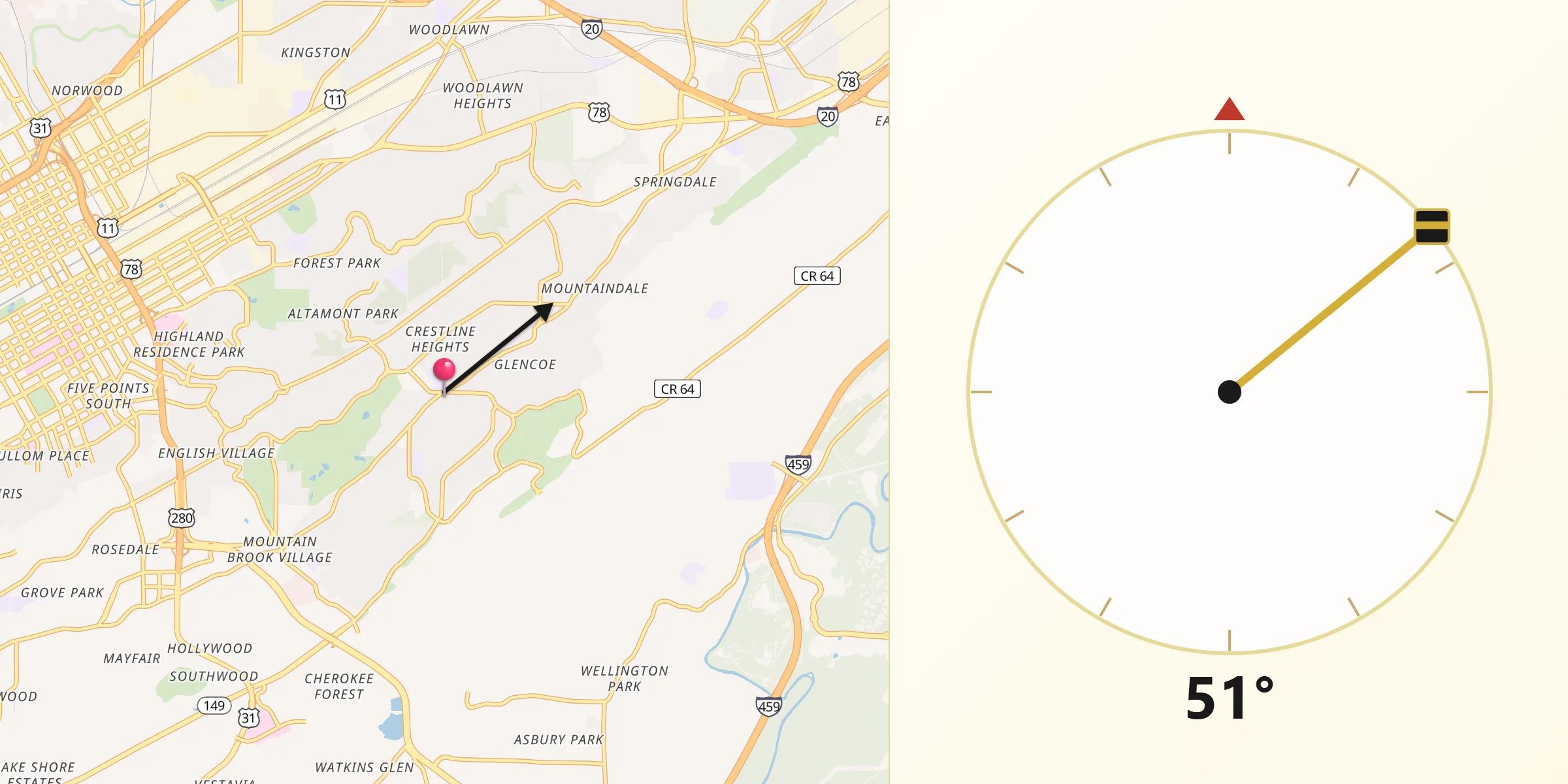 Qibla Direction from Mountain Brook