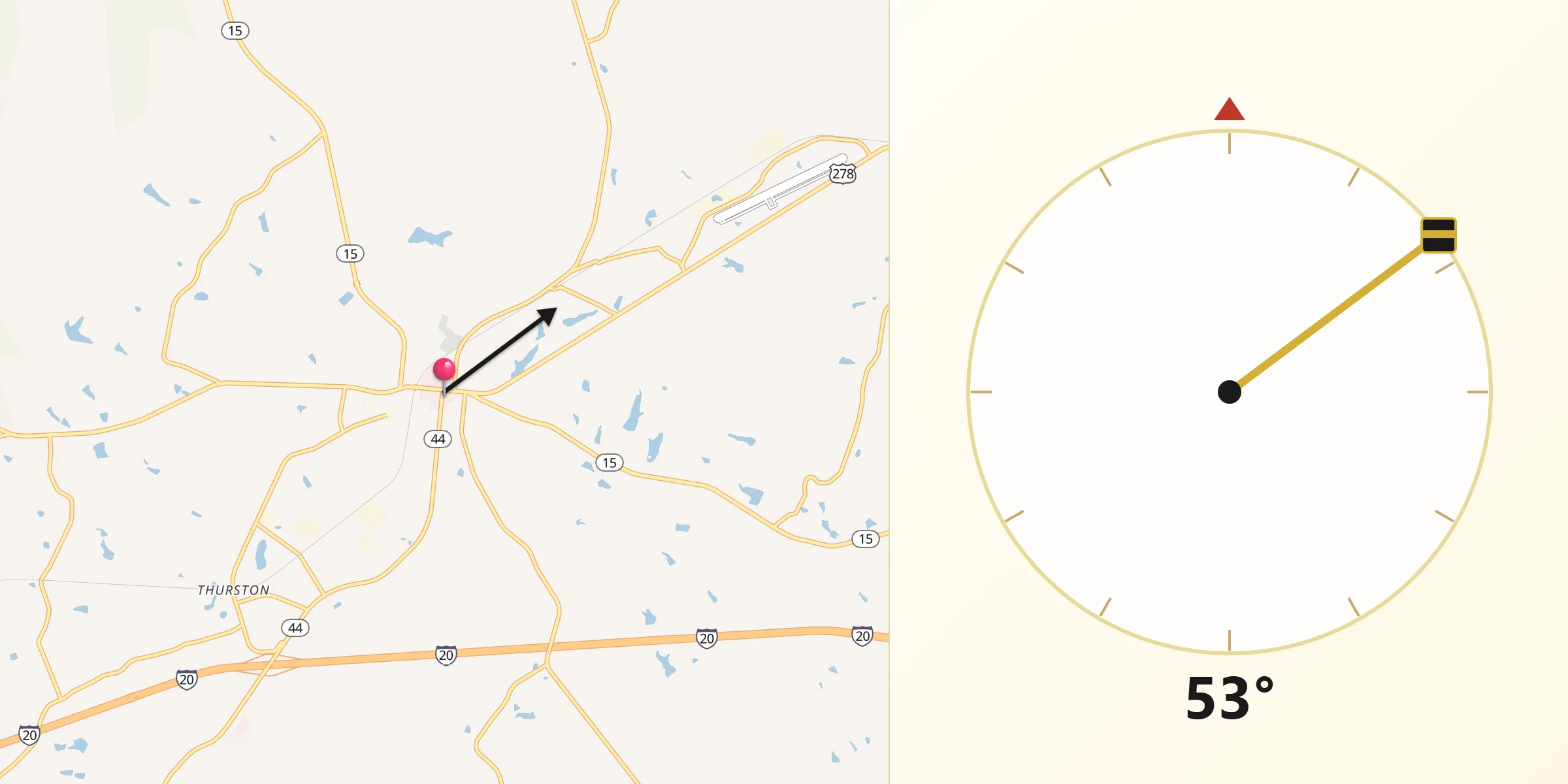 Dirección de la Qibla desde Greensboro