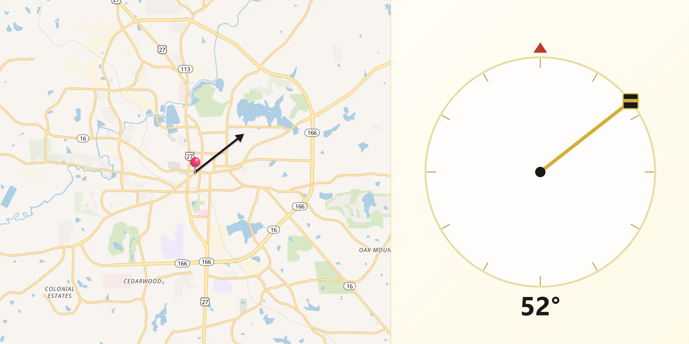 Dirección de la Qibla desde Carrollton
