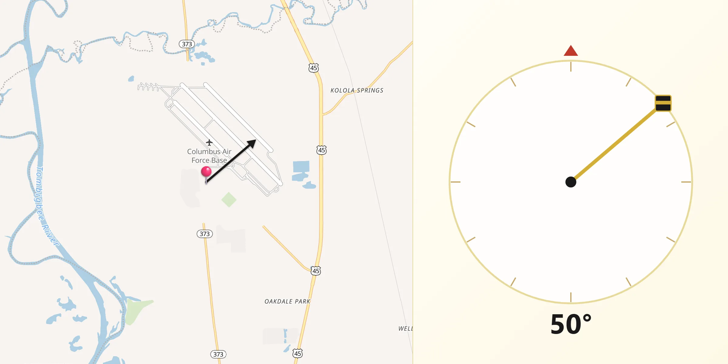 Qibla Direction from Columbus Air Force Base