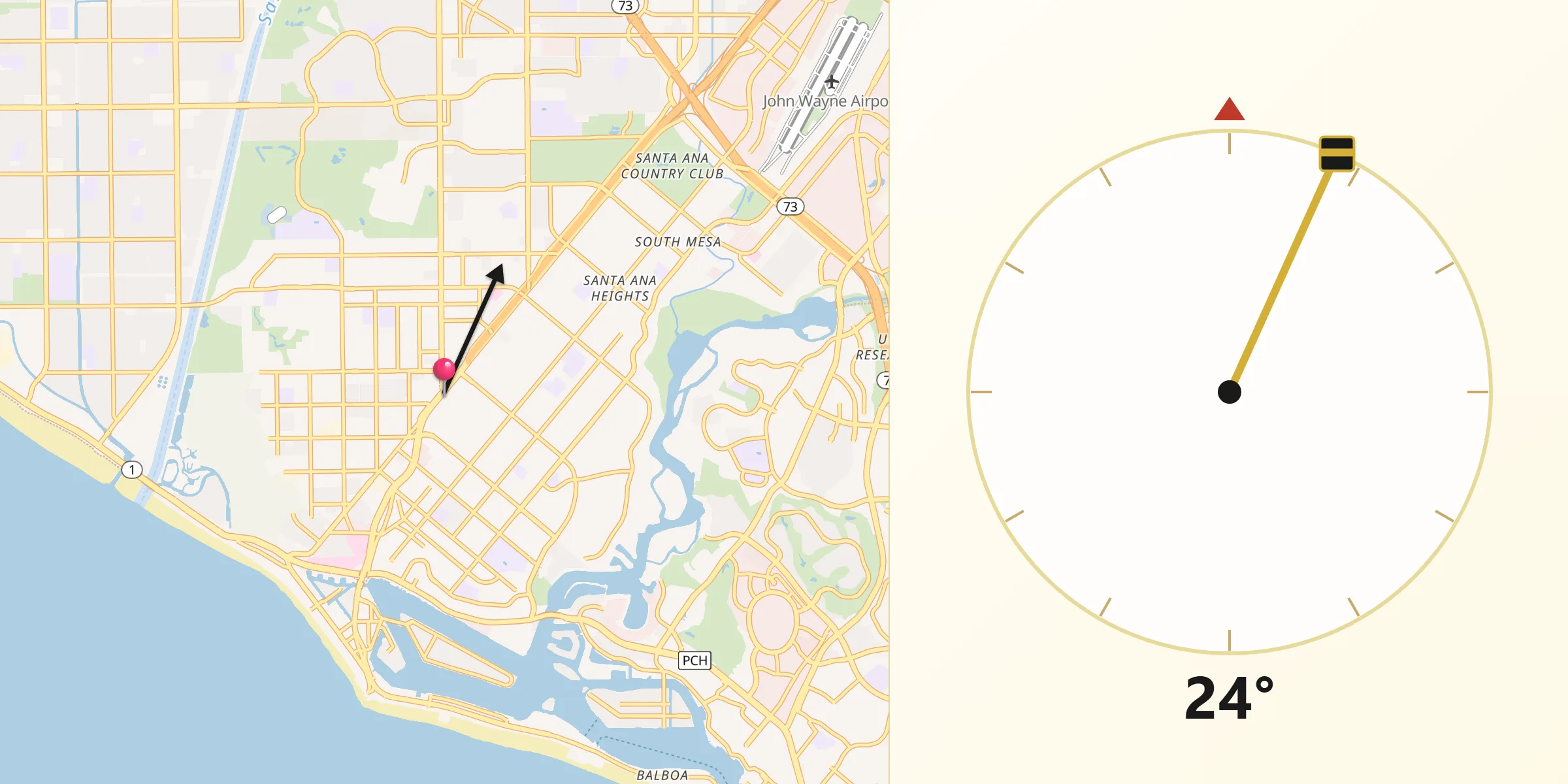 Qibla Direction from Costa Mesa