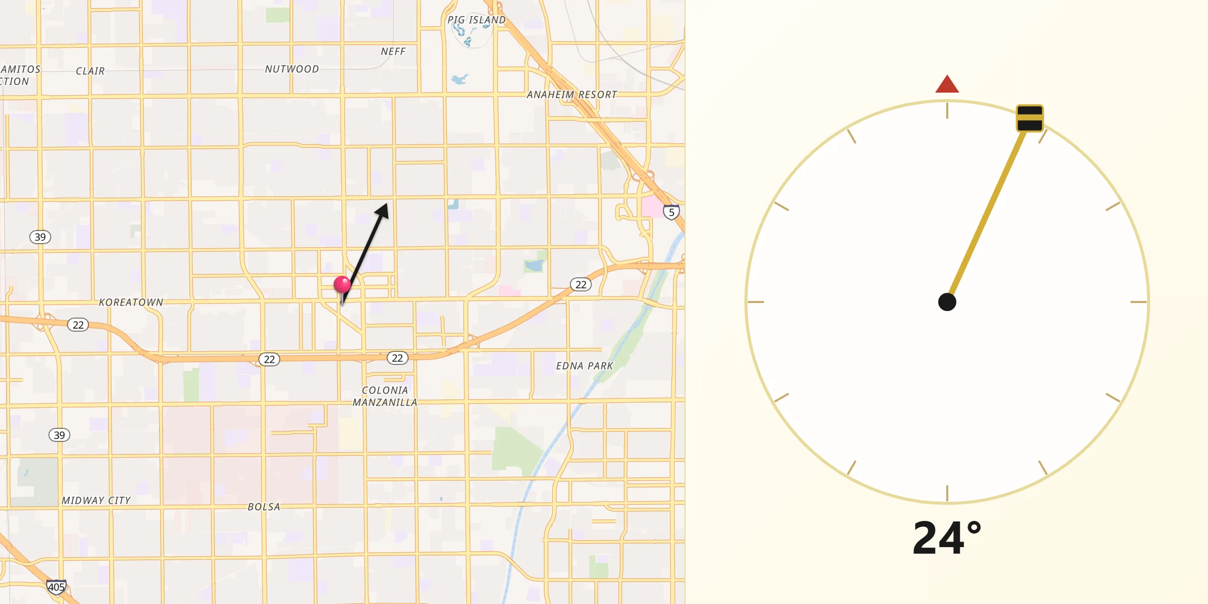 Dirección de la Qibla desde Garden Grove