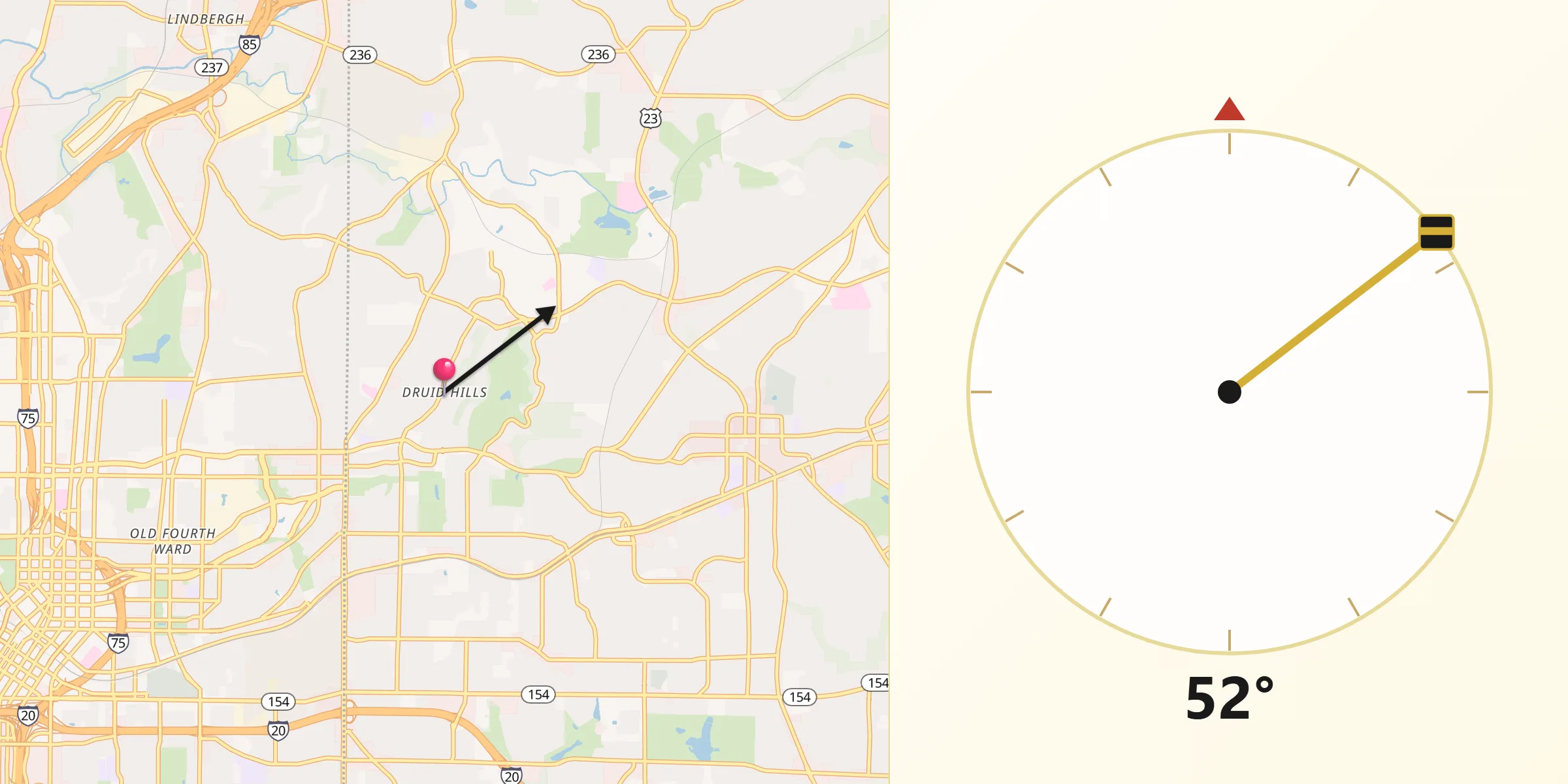 Qibla Direction from Druid Hills