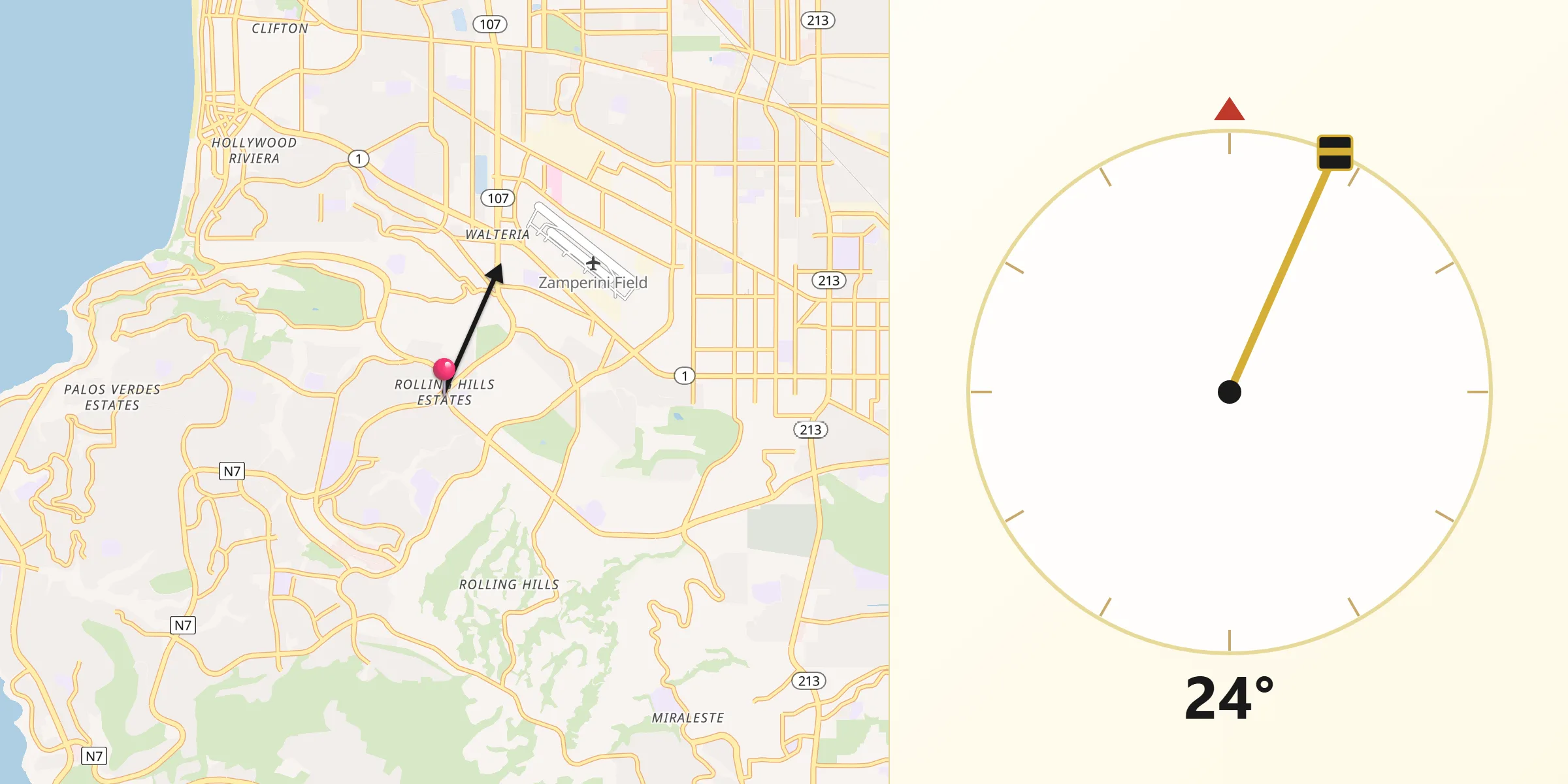 Qibla Direction from Rolling Hills Estates