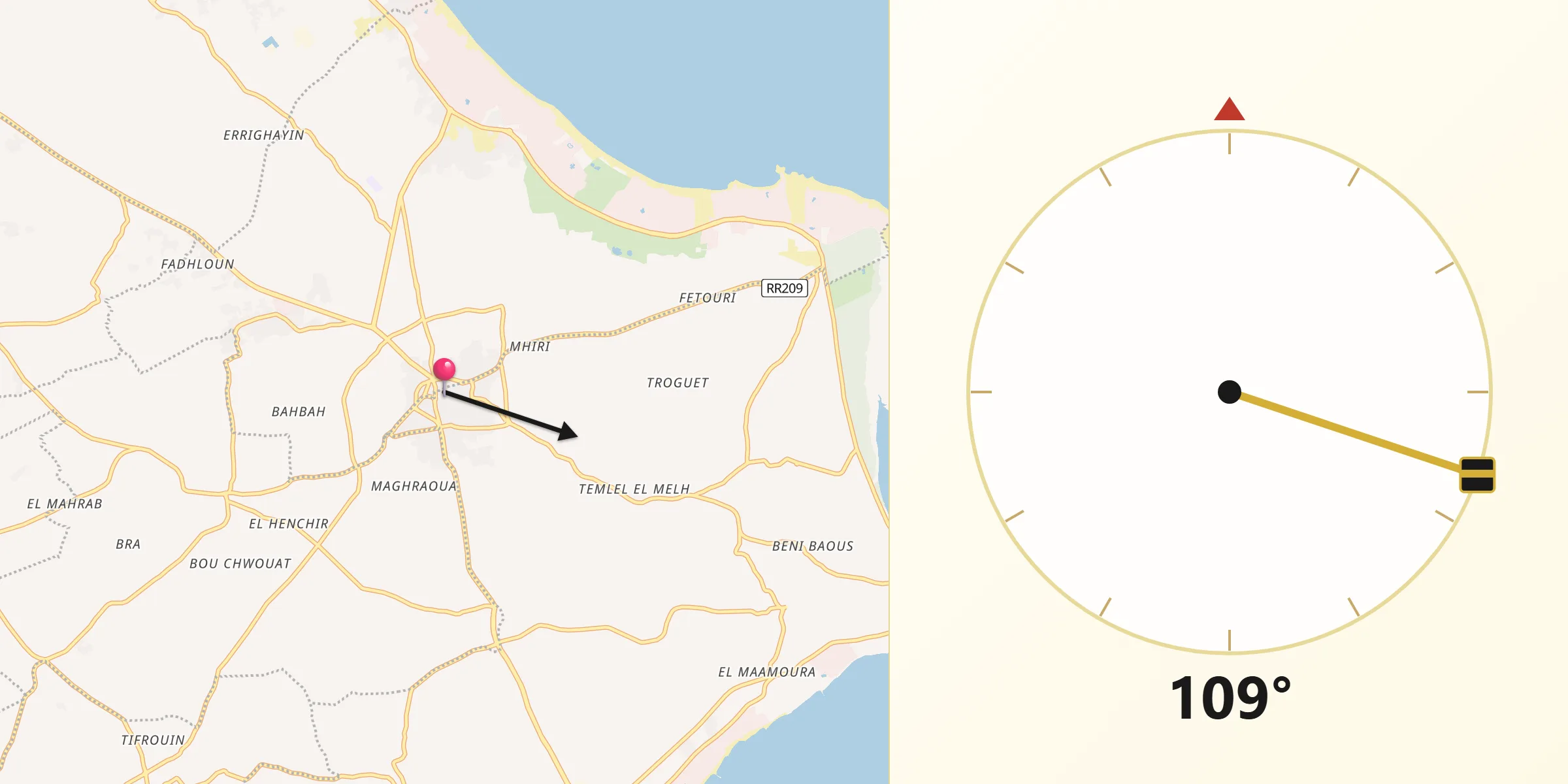 Direction vers la Qibla depuis Midoun