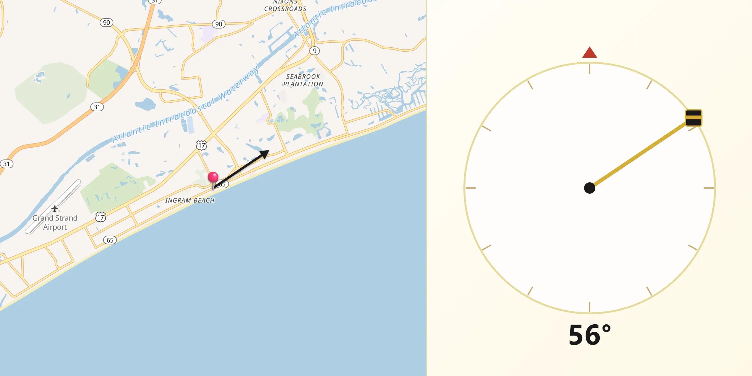 Qibla Direction from North Myrtle Beach