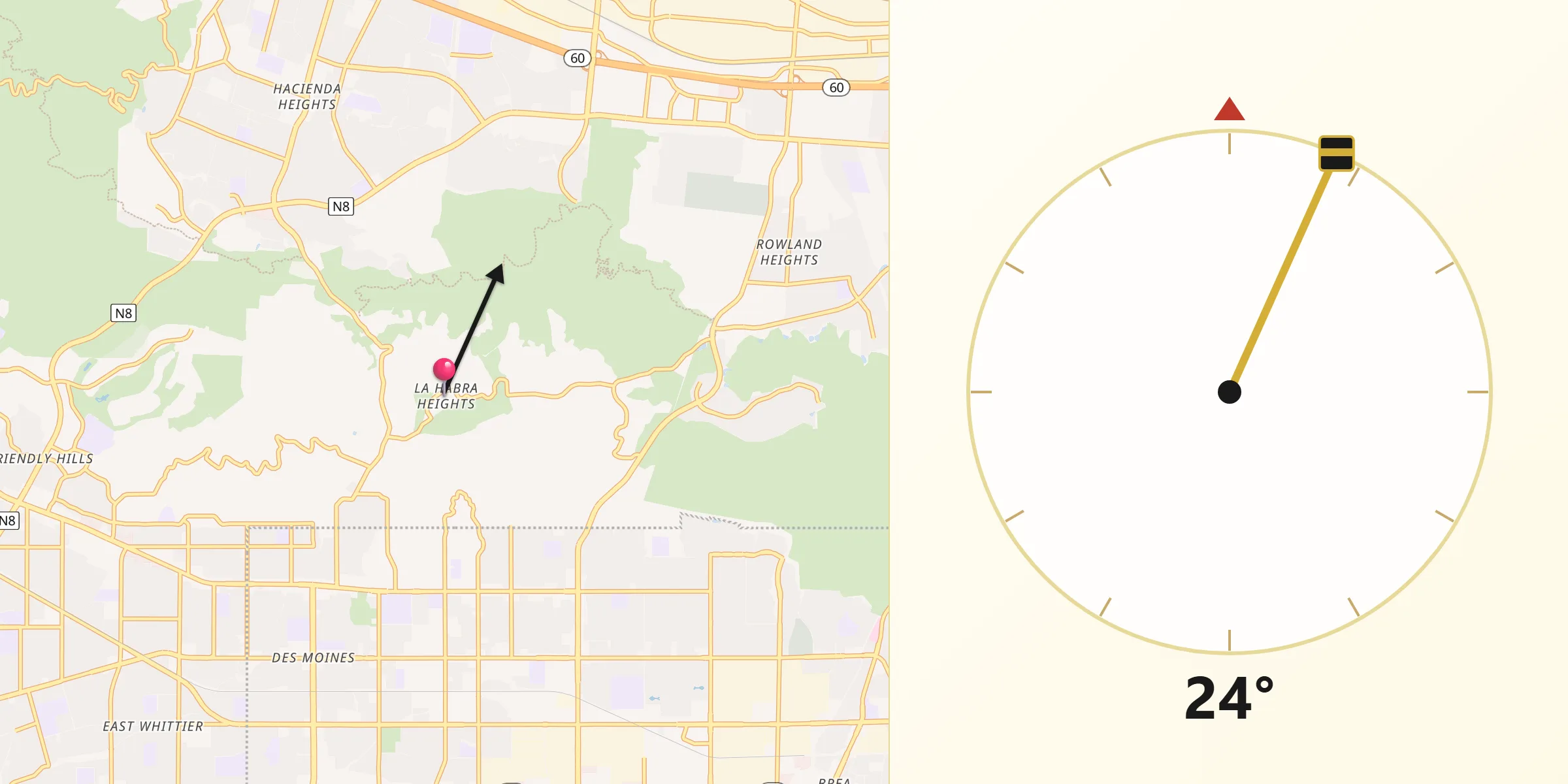 Qibla Direction from La Habra Heights