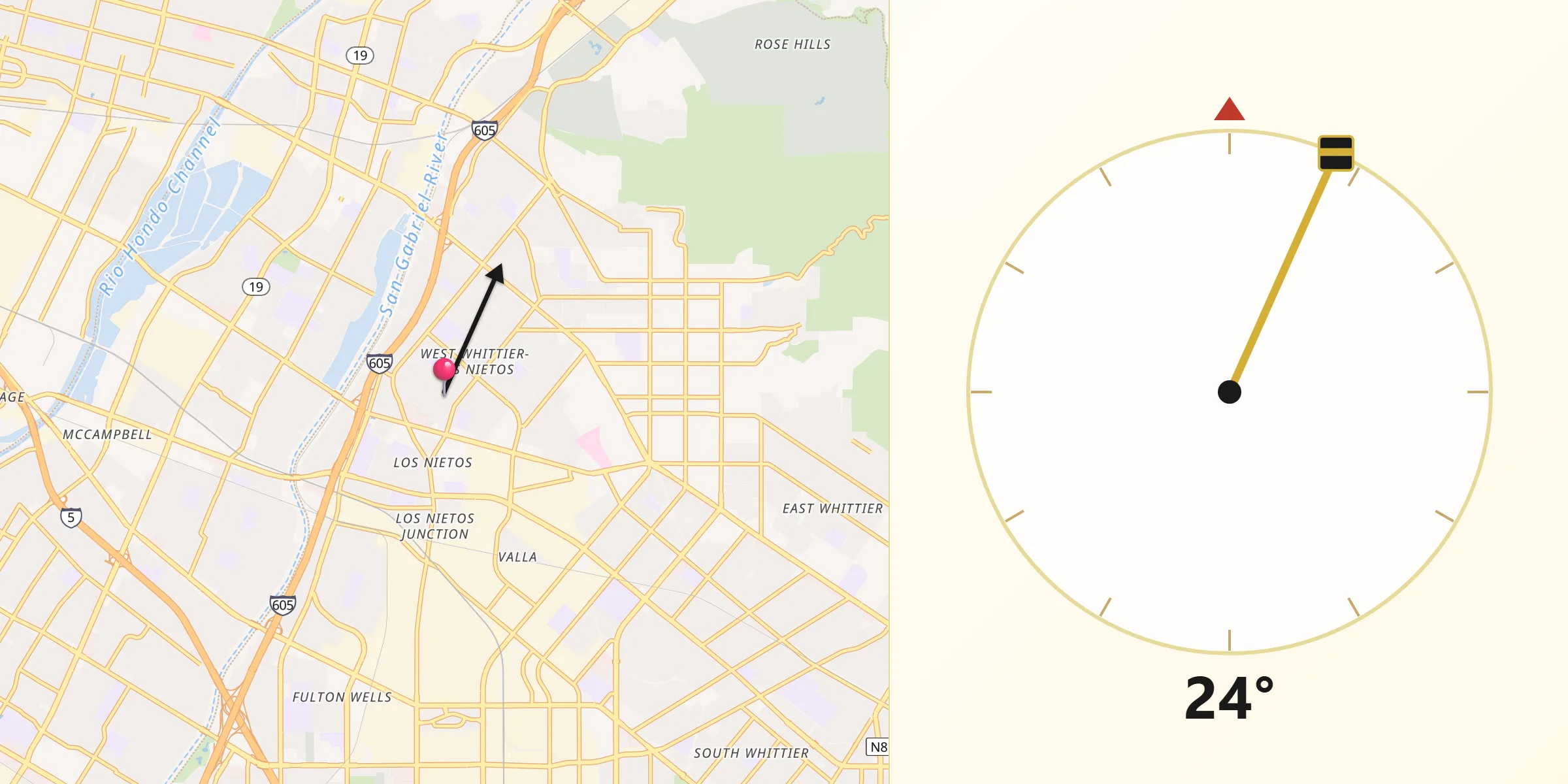 Qibla Direction from West Whittier-Los Nietos