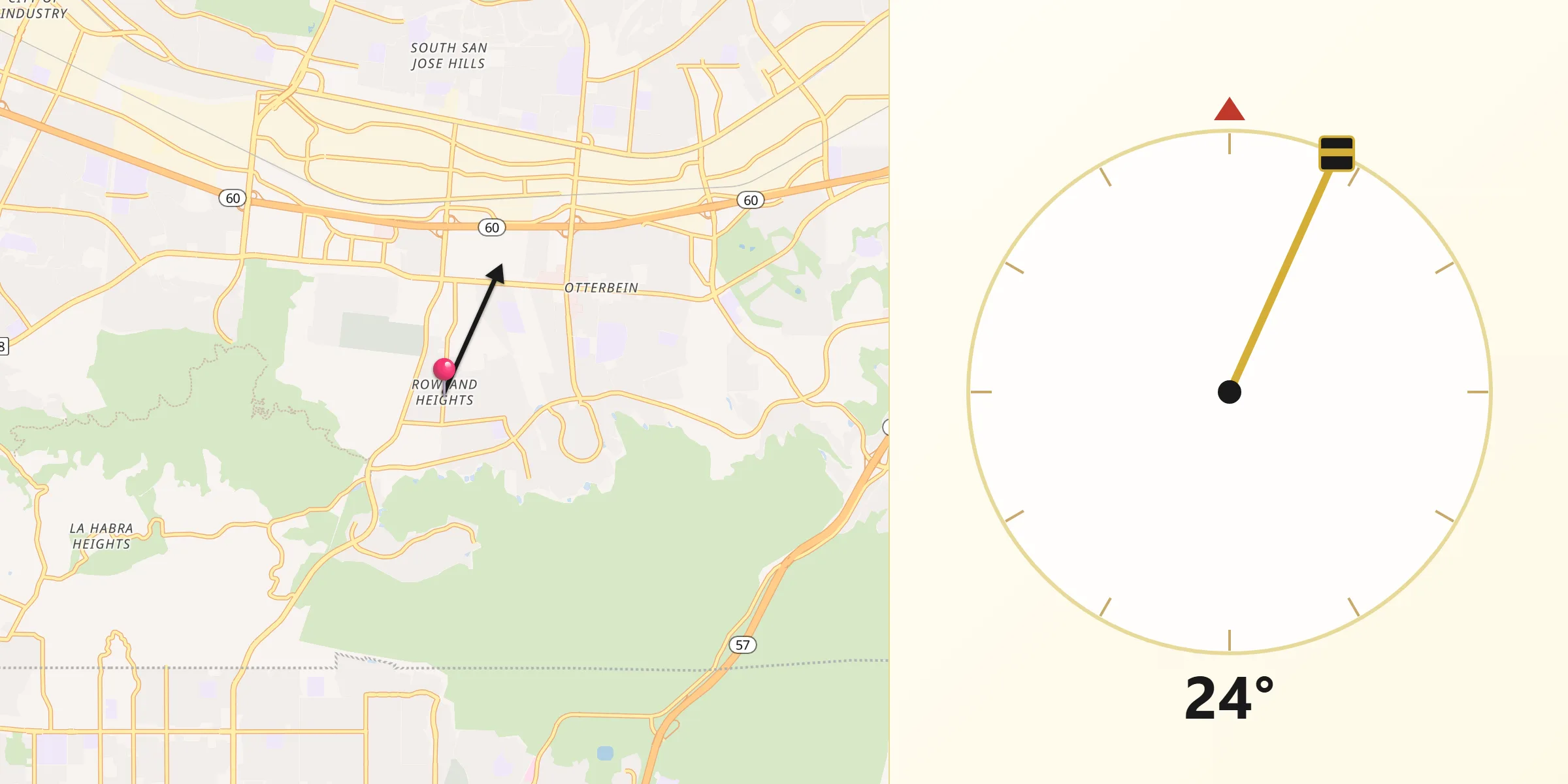 Qibla Direction from Rowland Heights