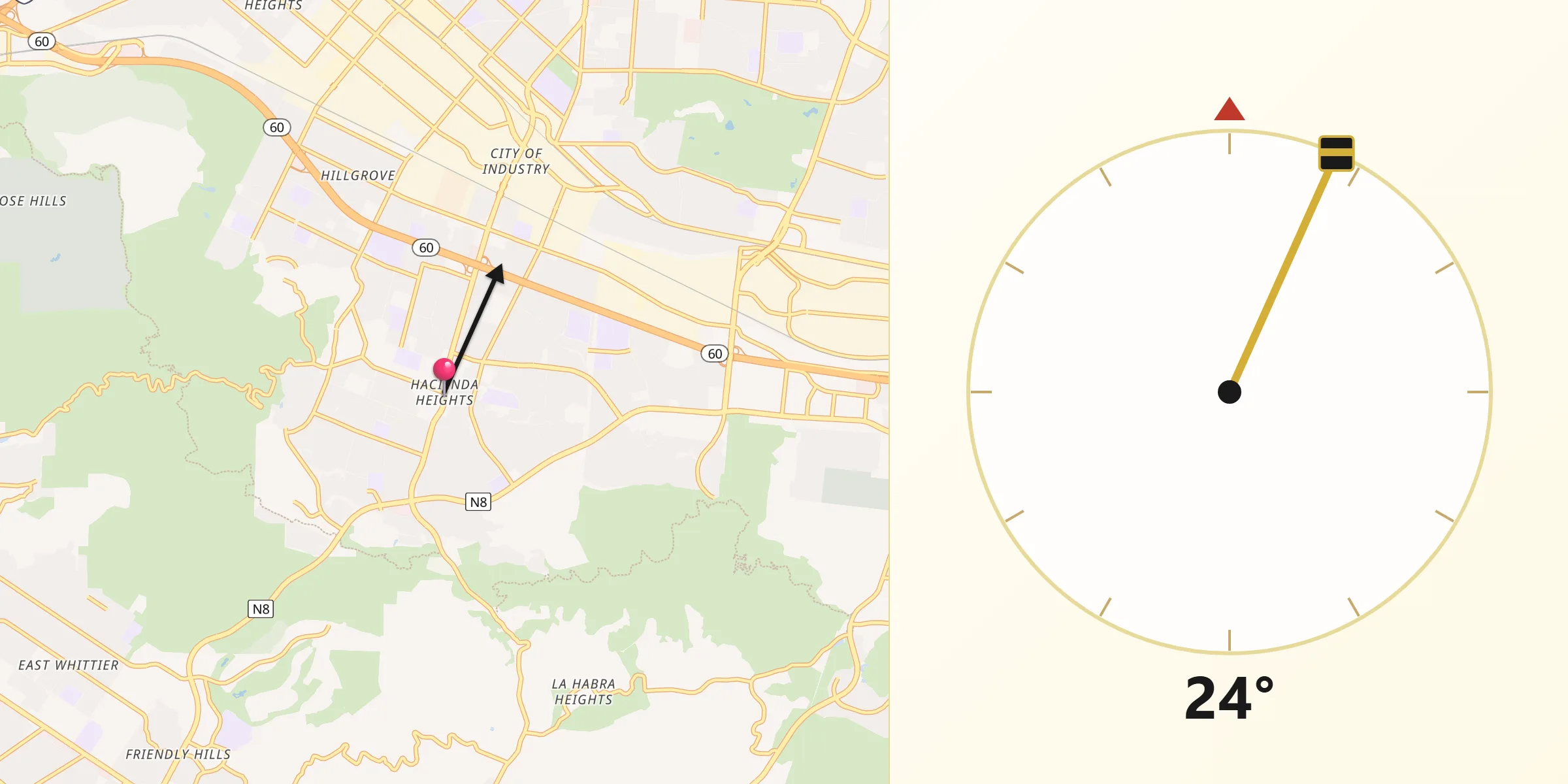 Qibla Direction from Hacienda Heights