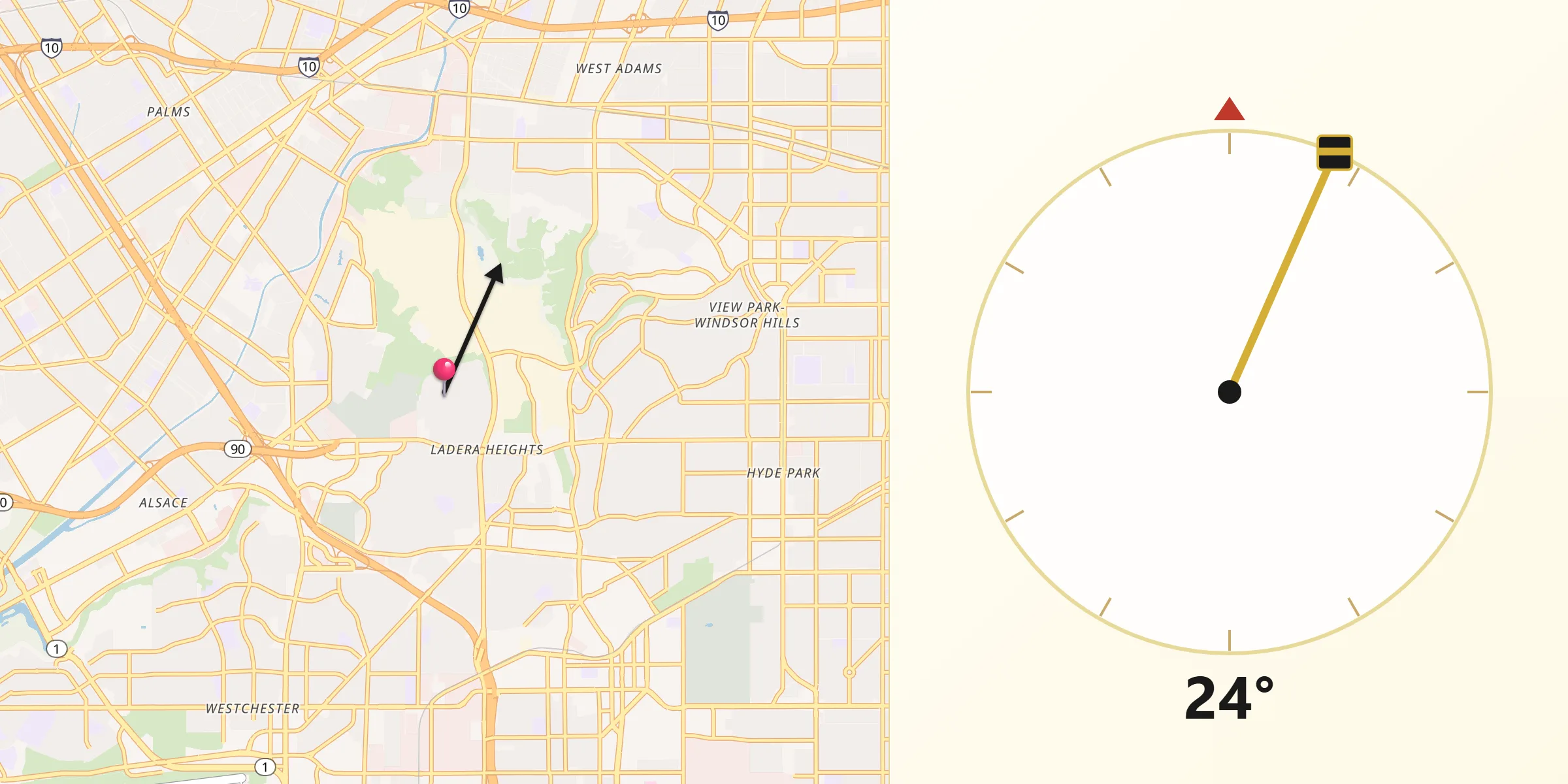 Qibla Direction from Ladera Heights