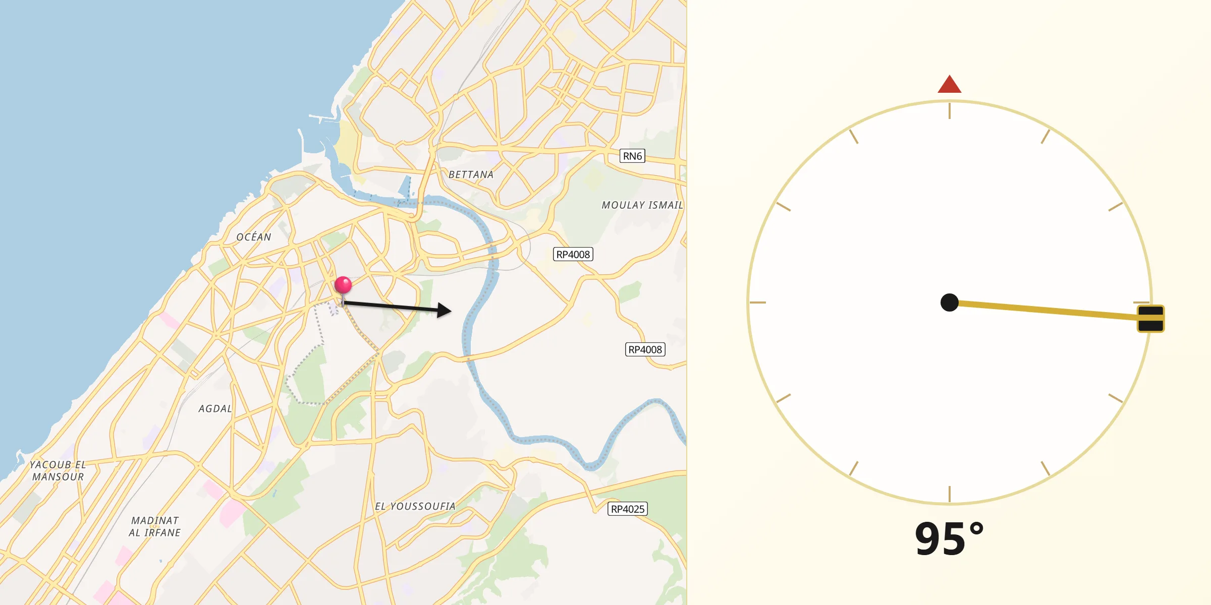 Dirección de la Qibla desde Rabat