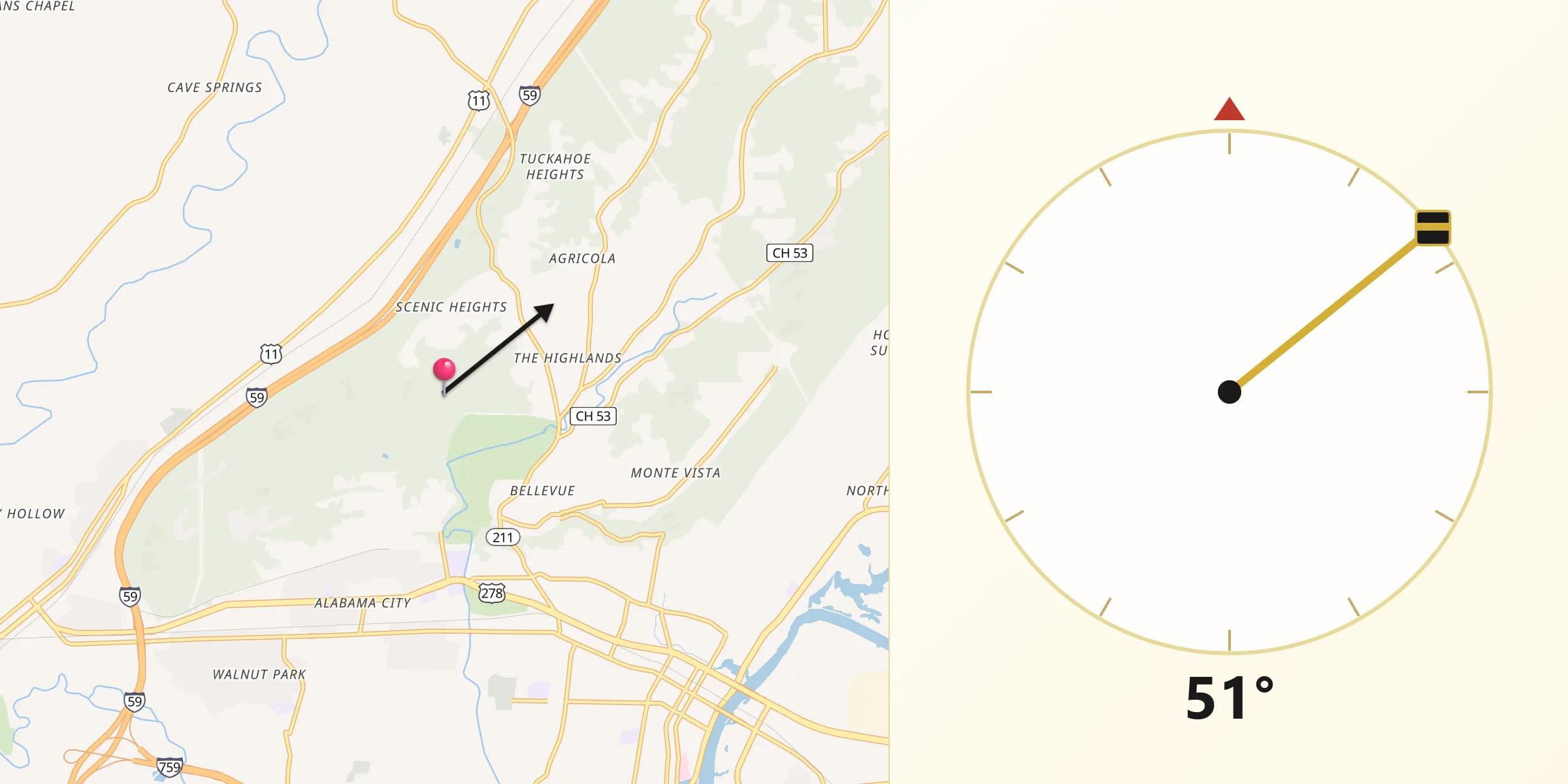 Qibla Direction from Etowah