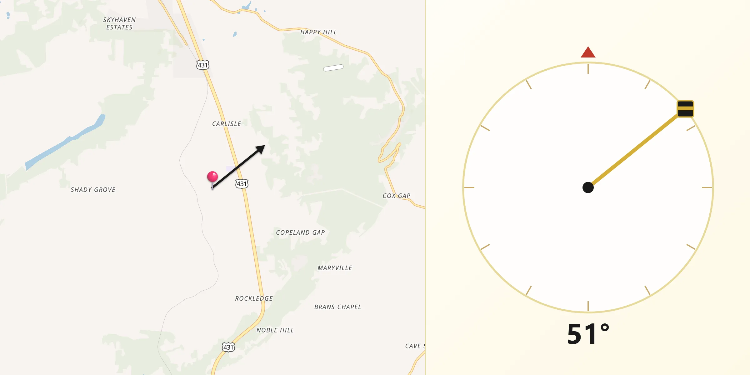 Qibla Direction from Carlisle-Rockledge