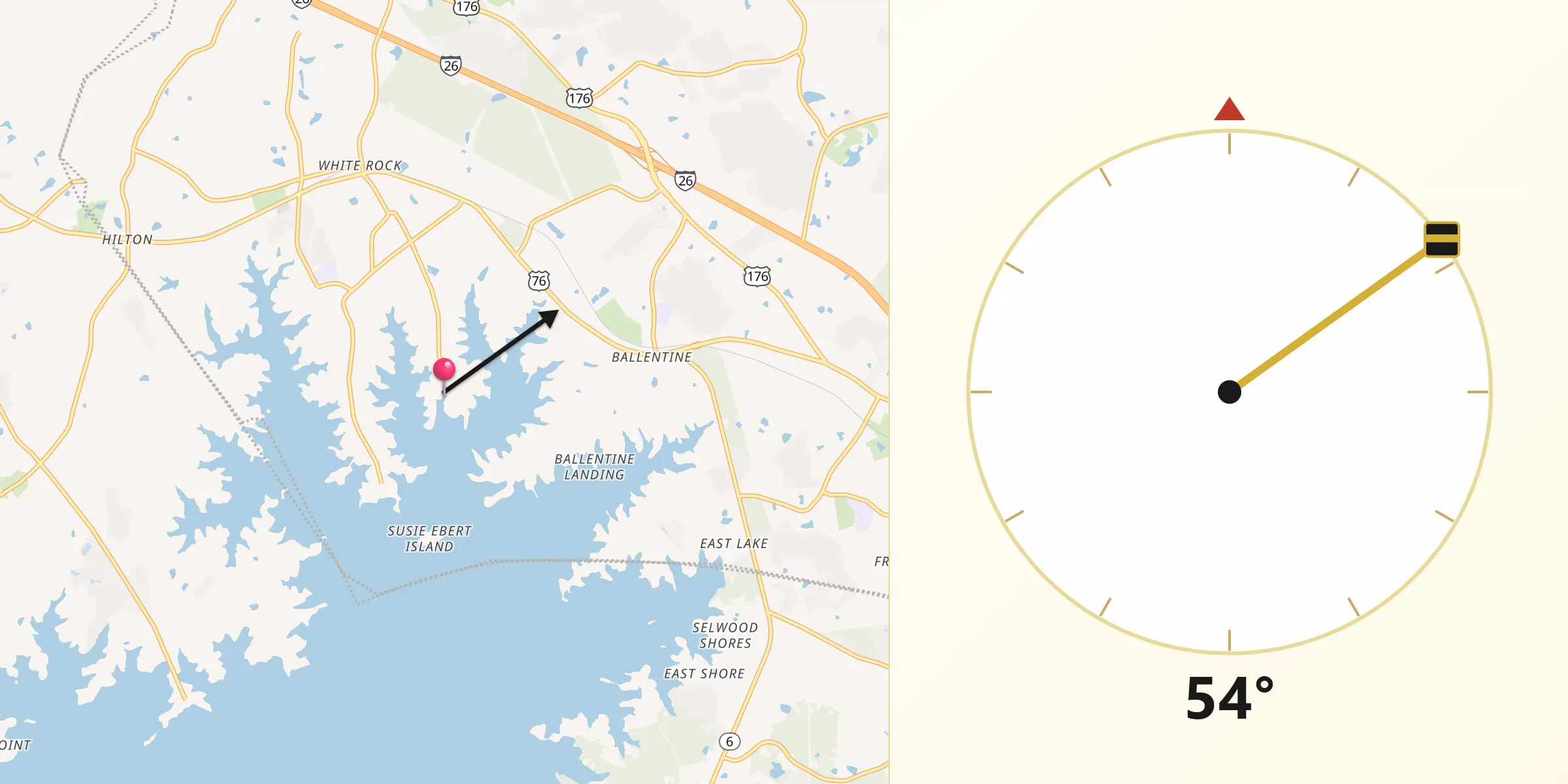 Qibla Direction from Lake Murray of Richland
