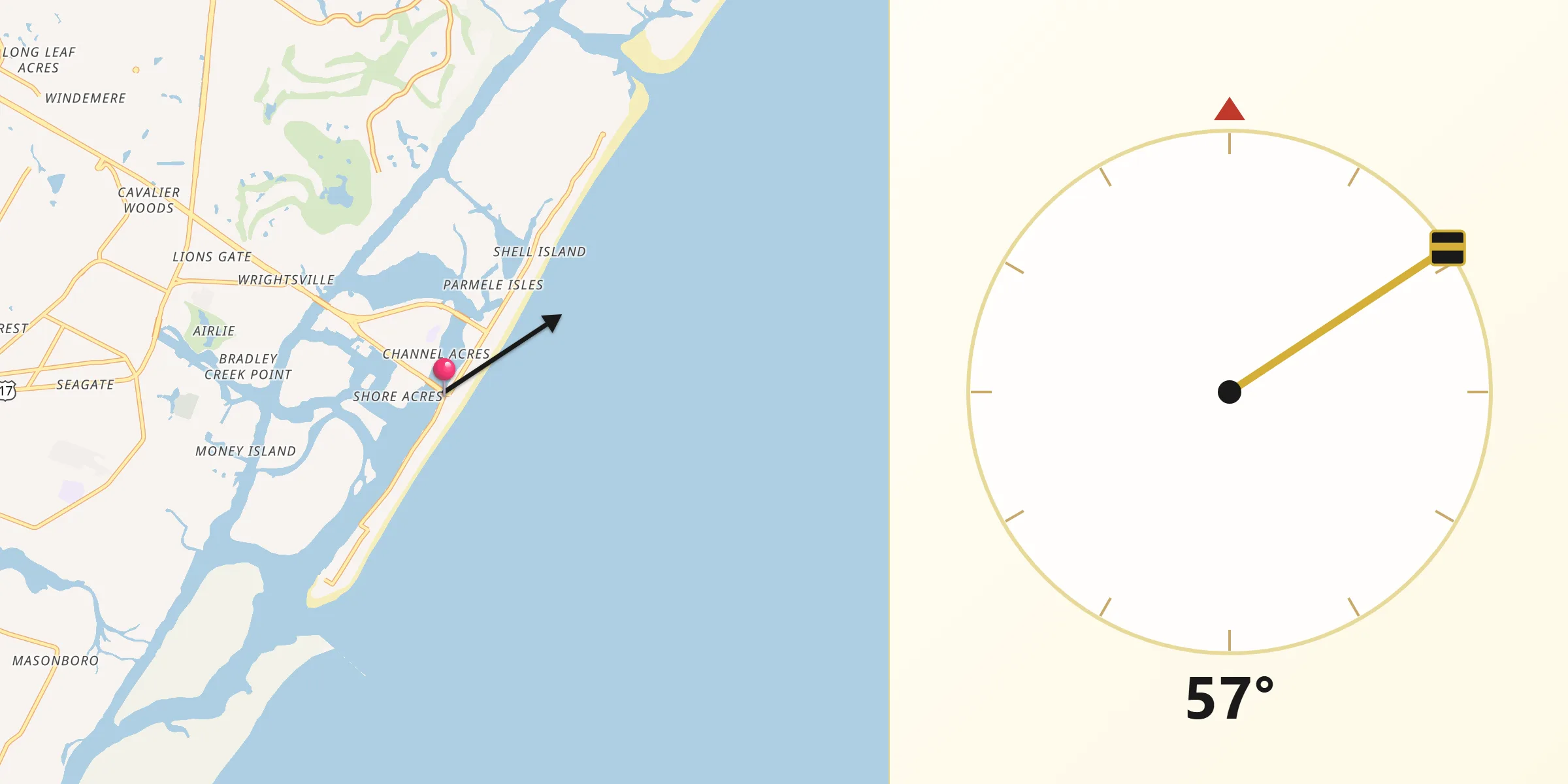 Qibla Direction from Wrightsville Beach