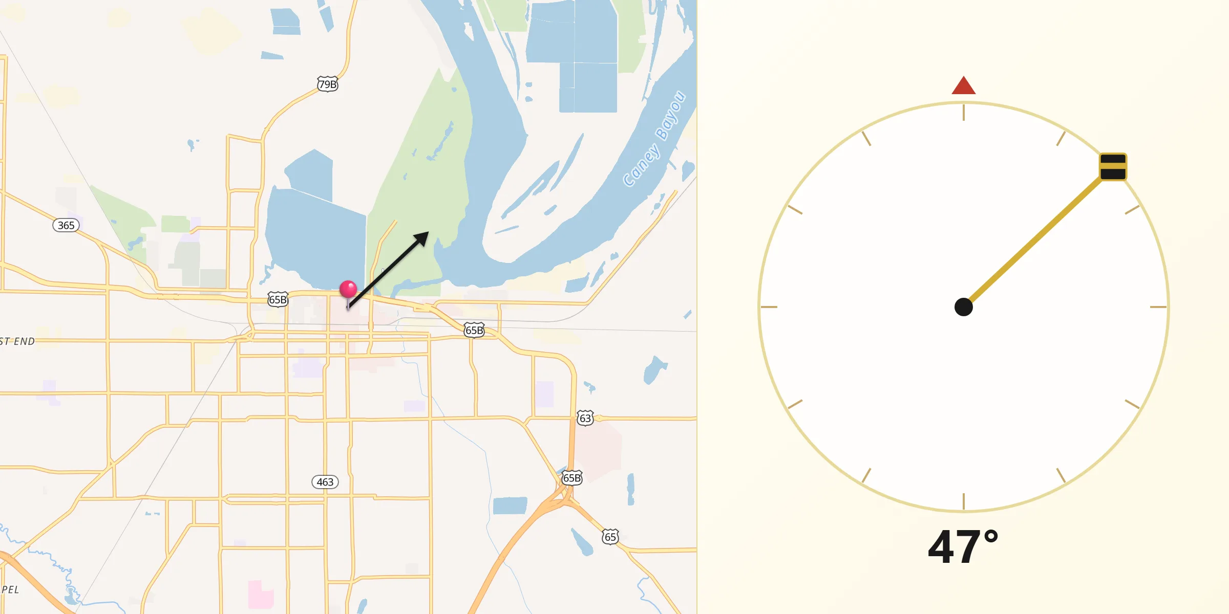 Qibla Direction from Pine Bluff