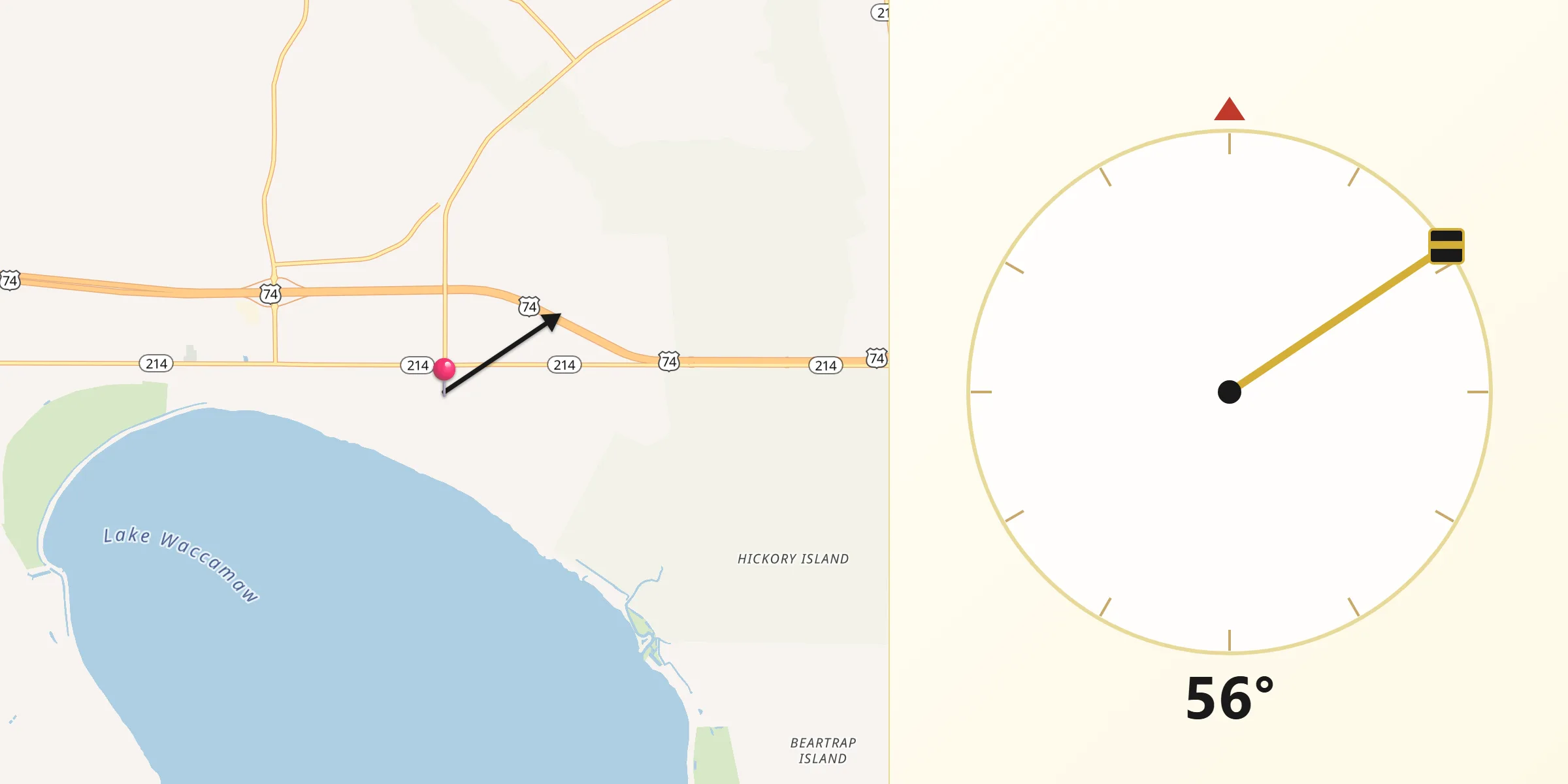 Qibla Direction from Lake Waccamaw