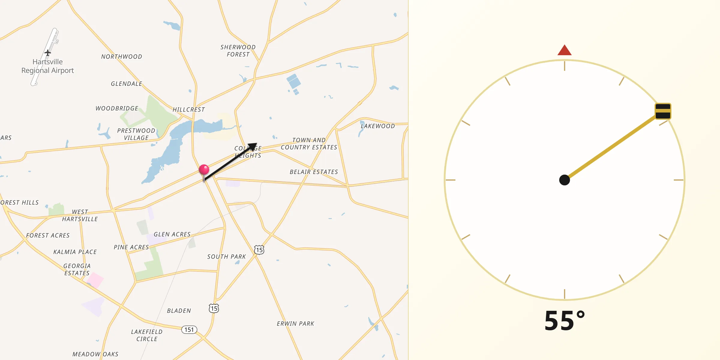 Qibla Direction from Hartsville