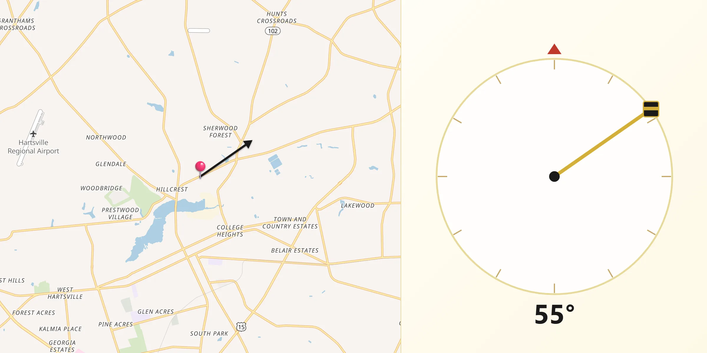 Qibla Direction from North Hartsville