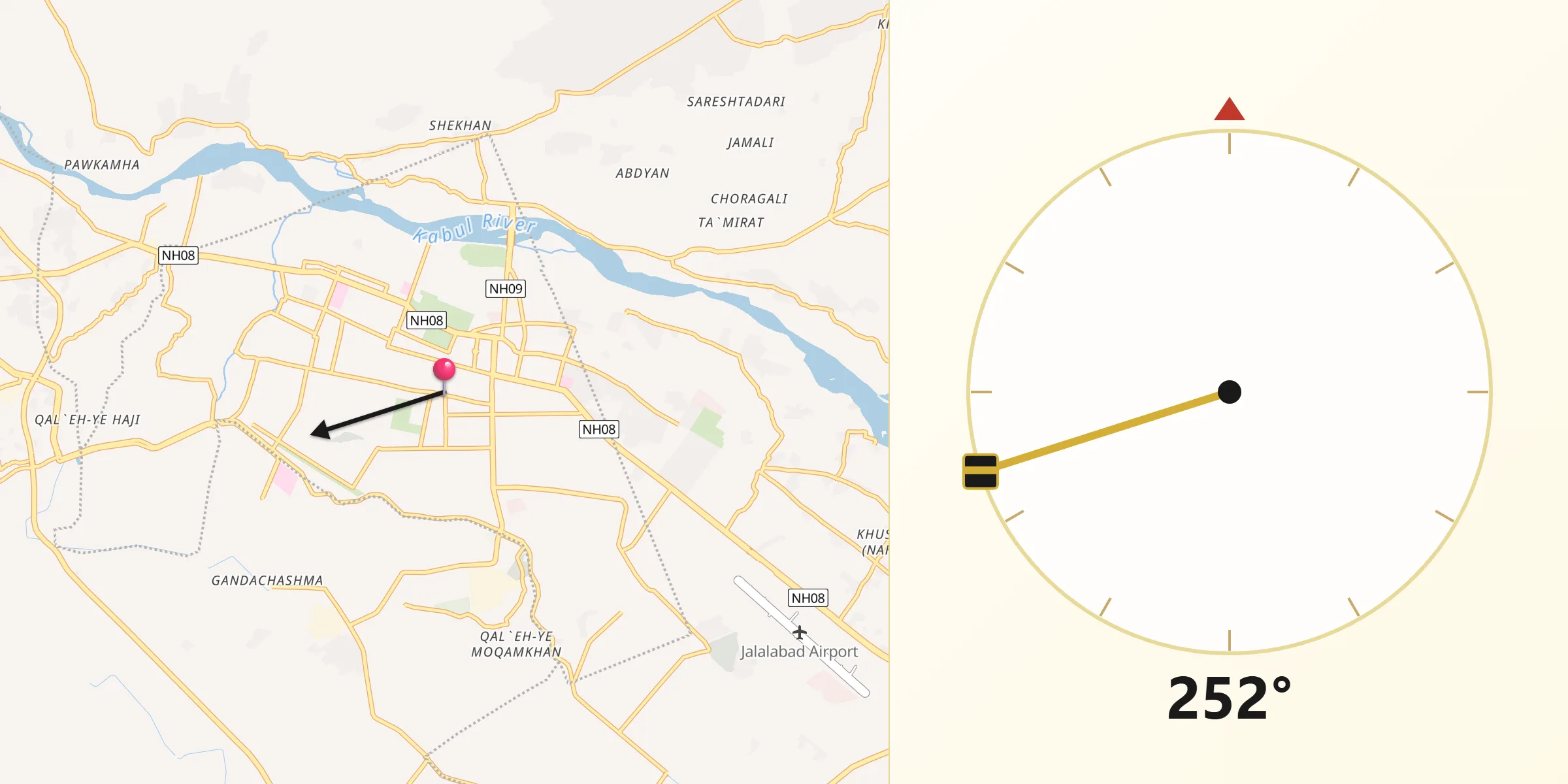 Direction vers la Qibla depuis Jalalabad