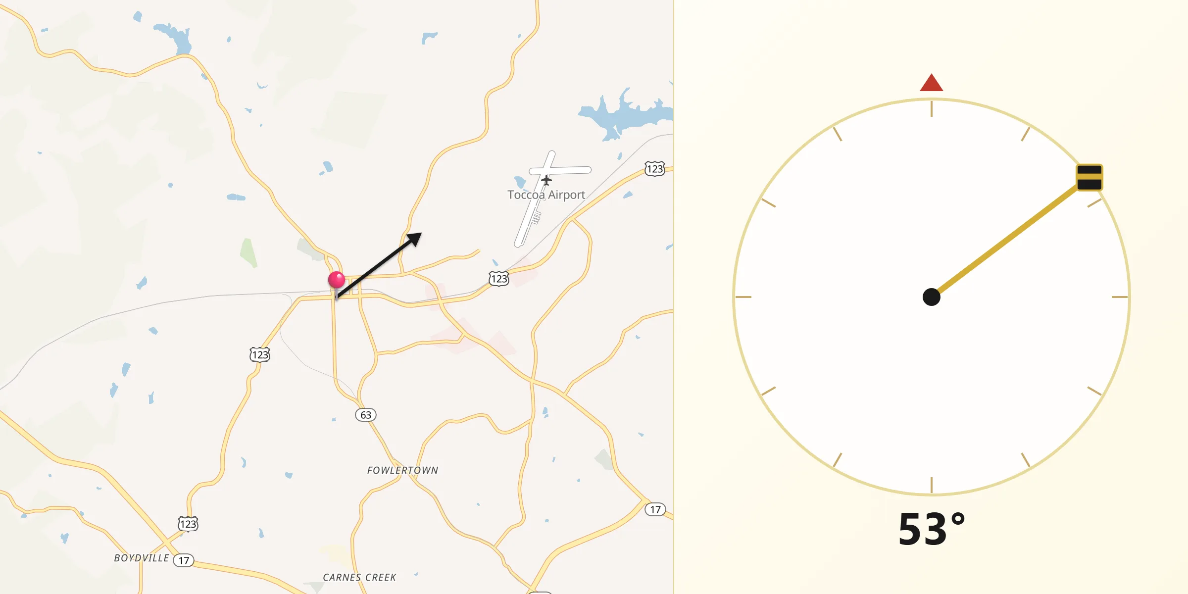 Qibla Direction from Toccoa