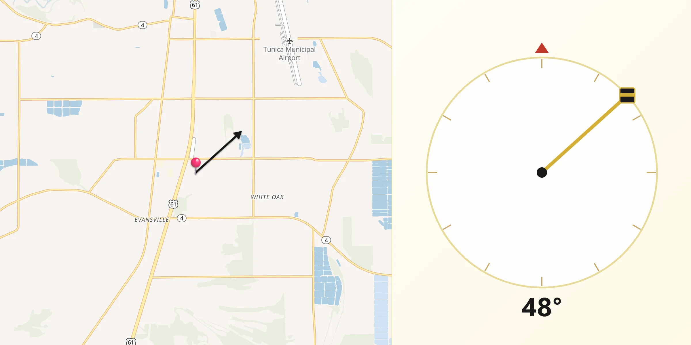 Qibla Direction from Tunica County