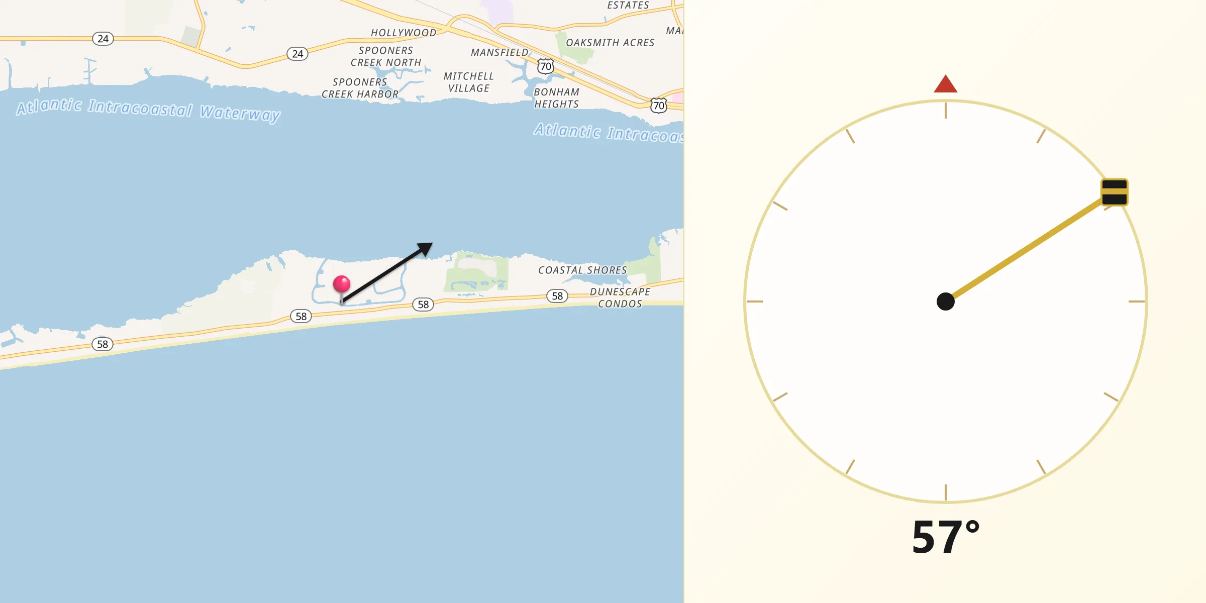 Qibla Direction from Pine Knoll Shores
