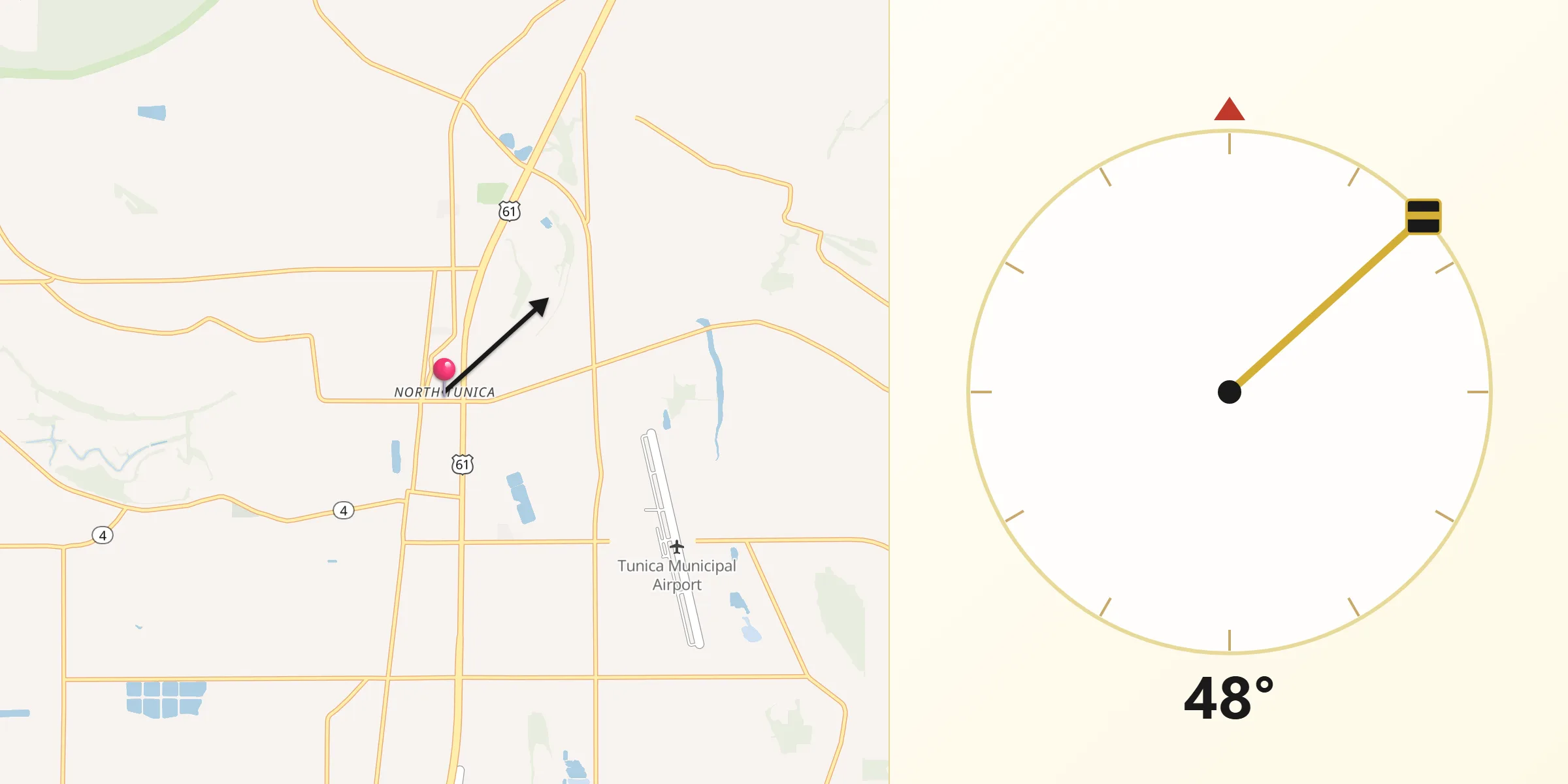 Qibla Direction from North Tunica