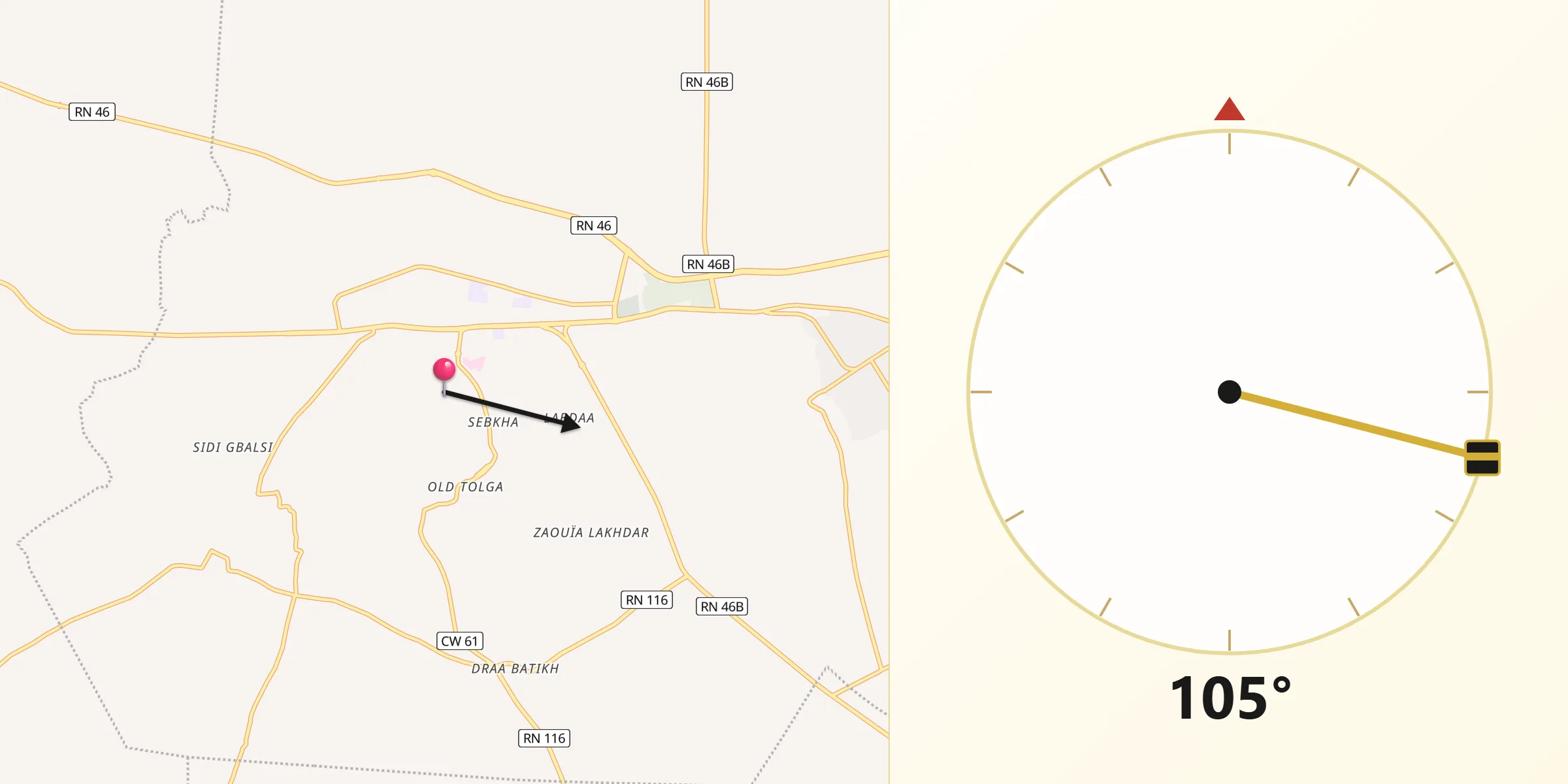 Direction vers la Qibla depuis Tolga