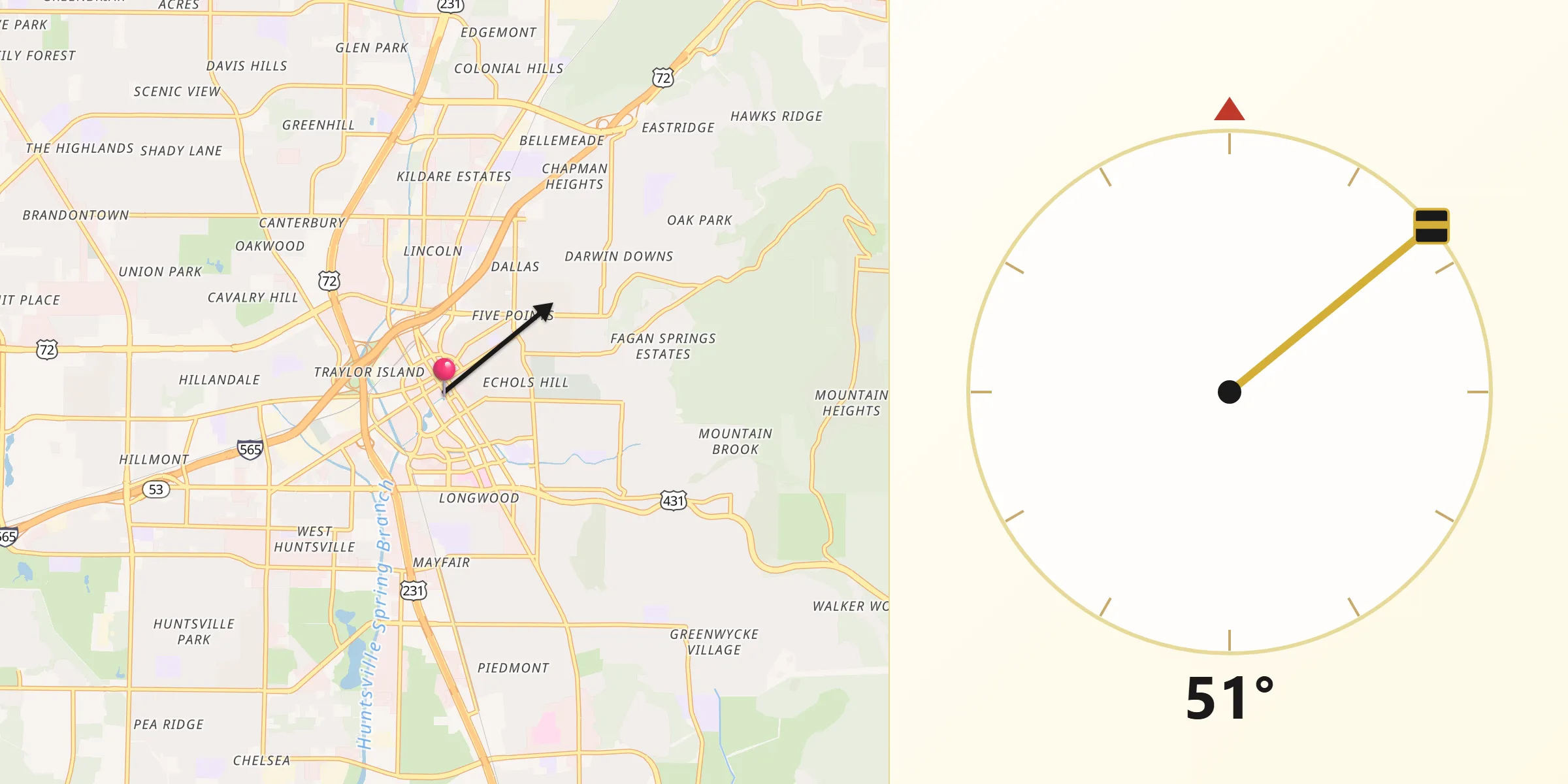 Qibla Direction from Huntsville