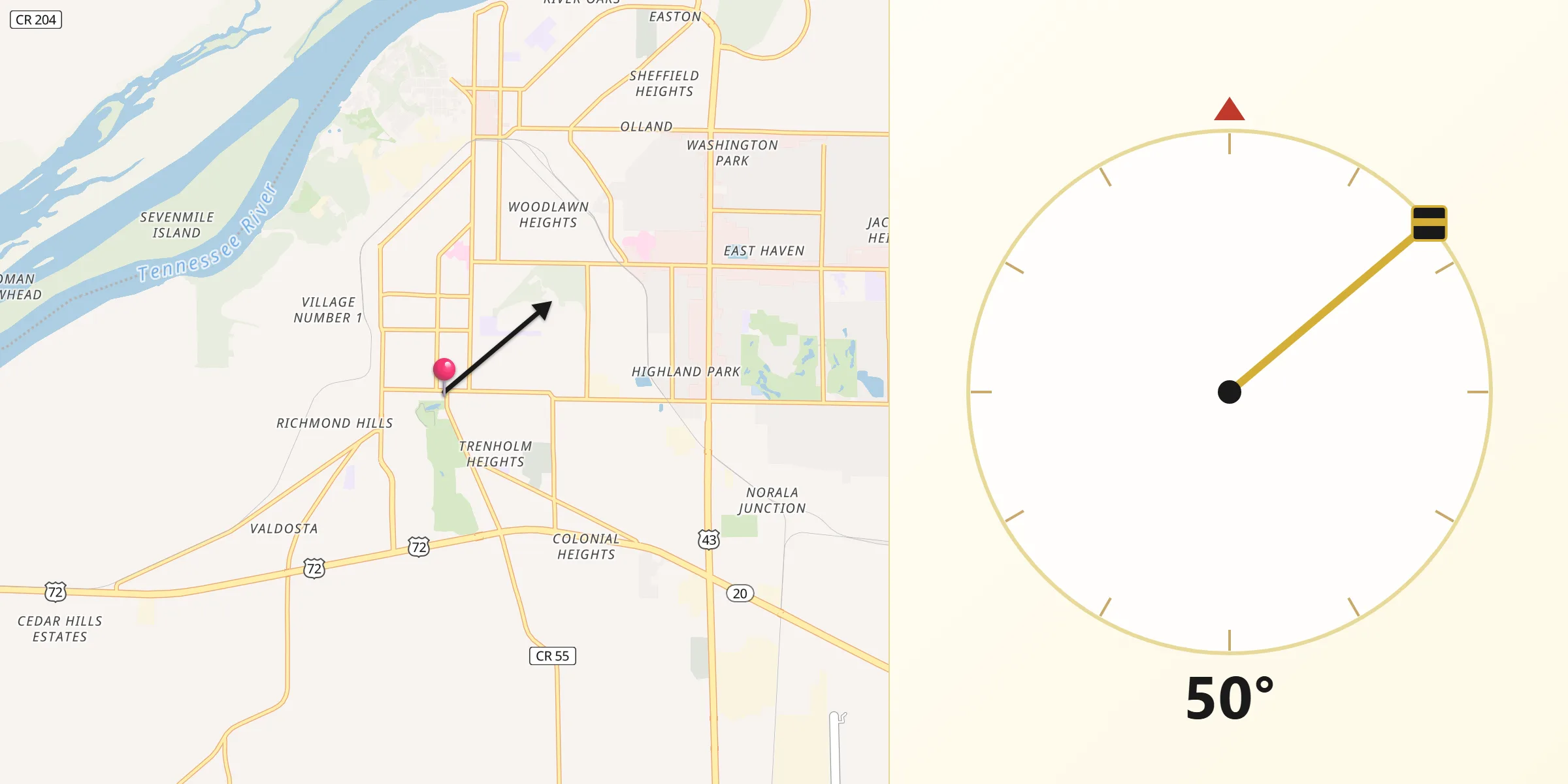 Qibla Direction from Tuscumbia