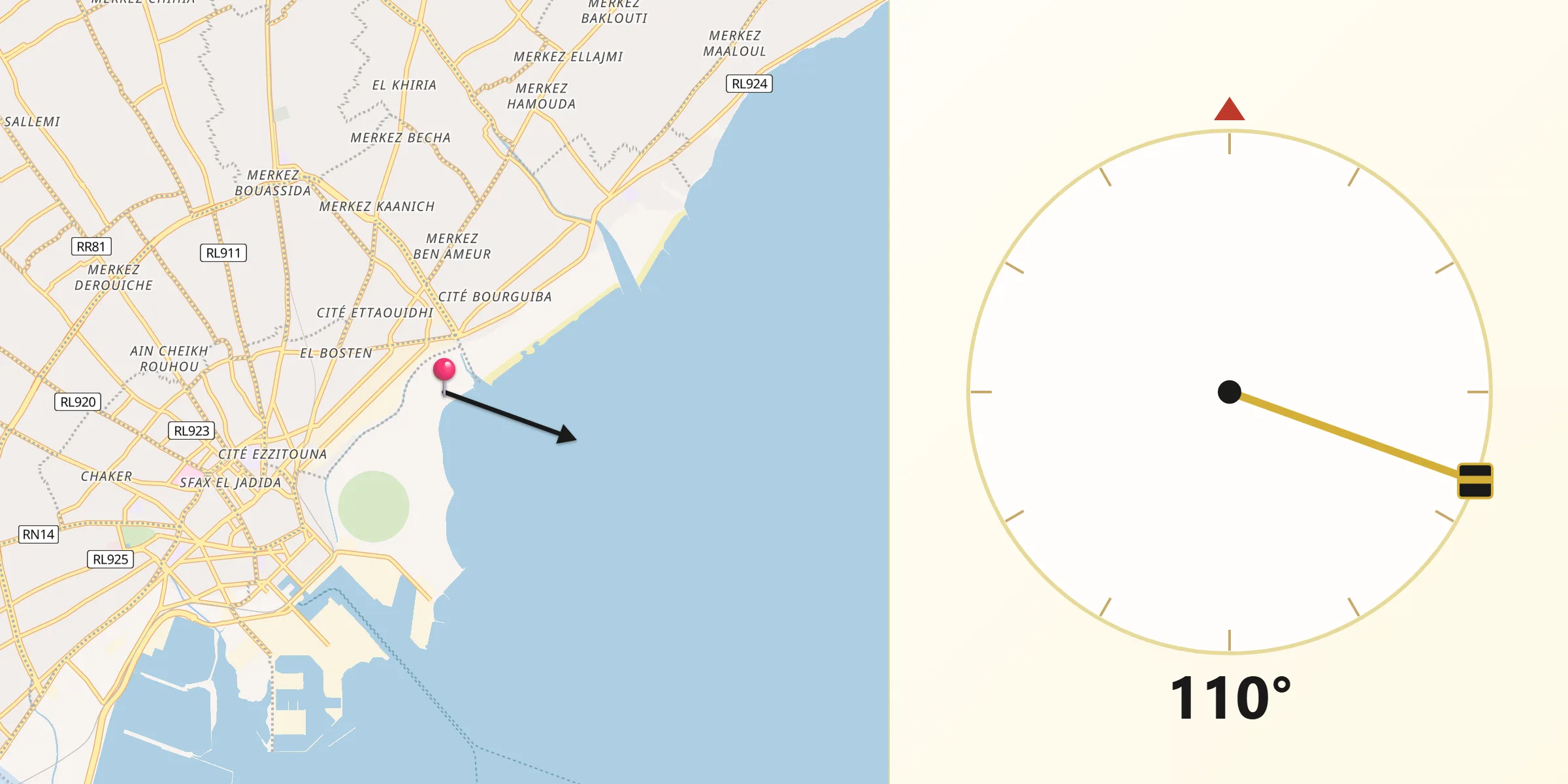 Direction vers la Qibla depuis Gremda