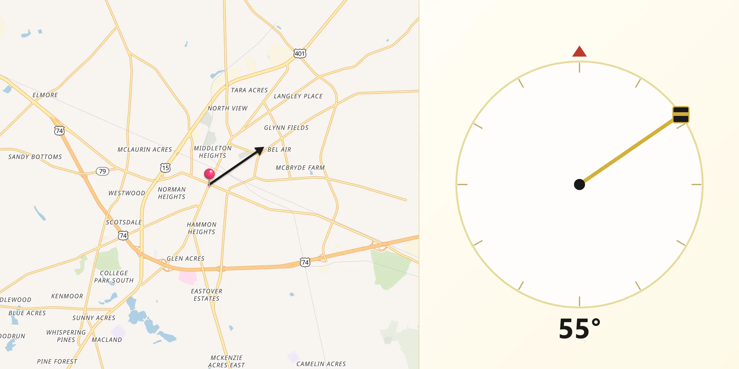 Qibla Direction from Laurinburg