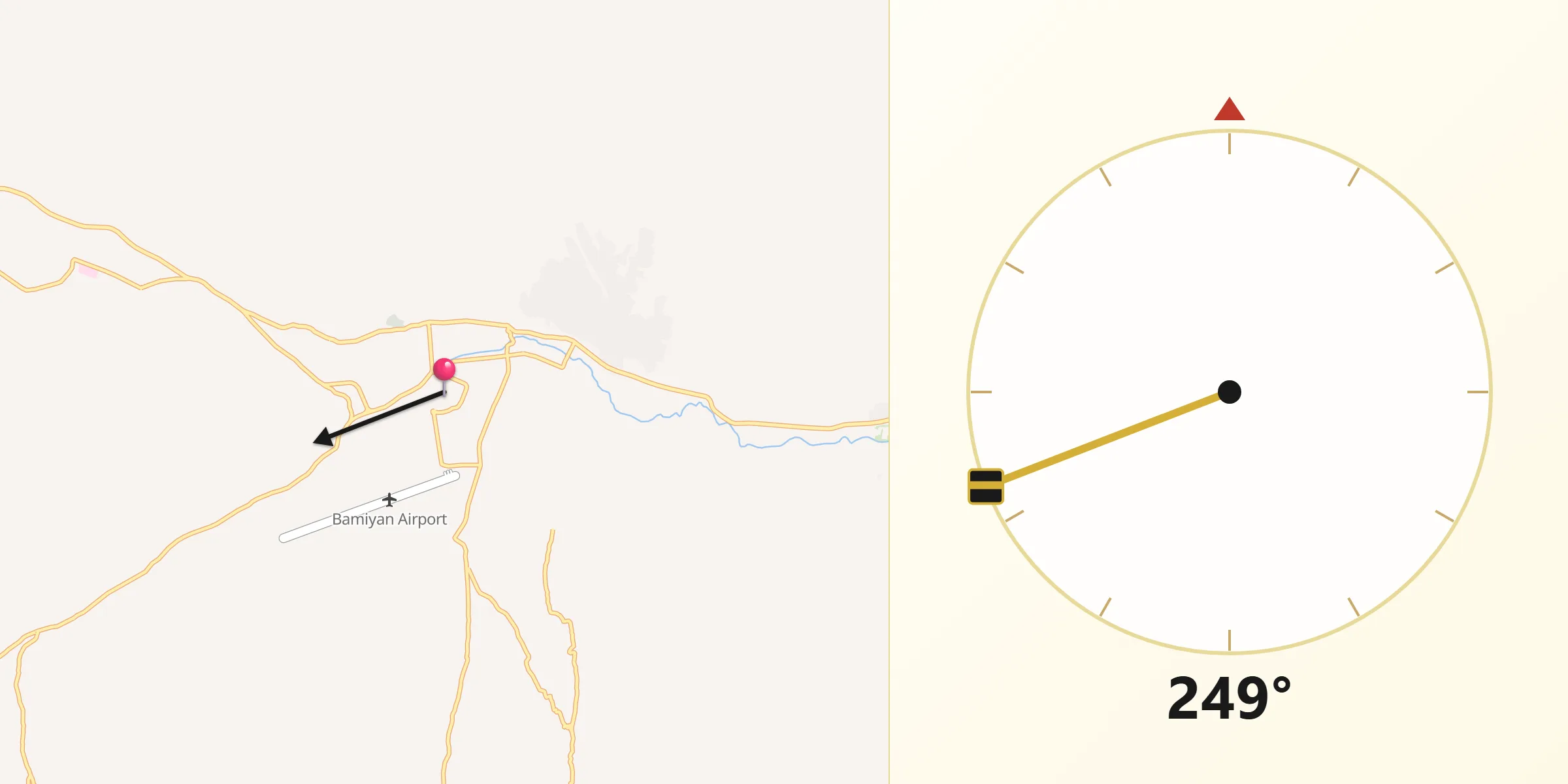 Direction vers la Qibla depuis Bāmyān