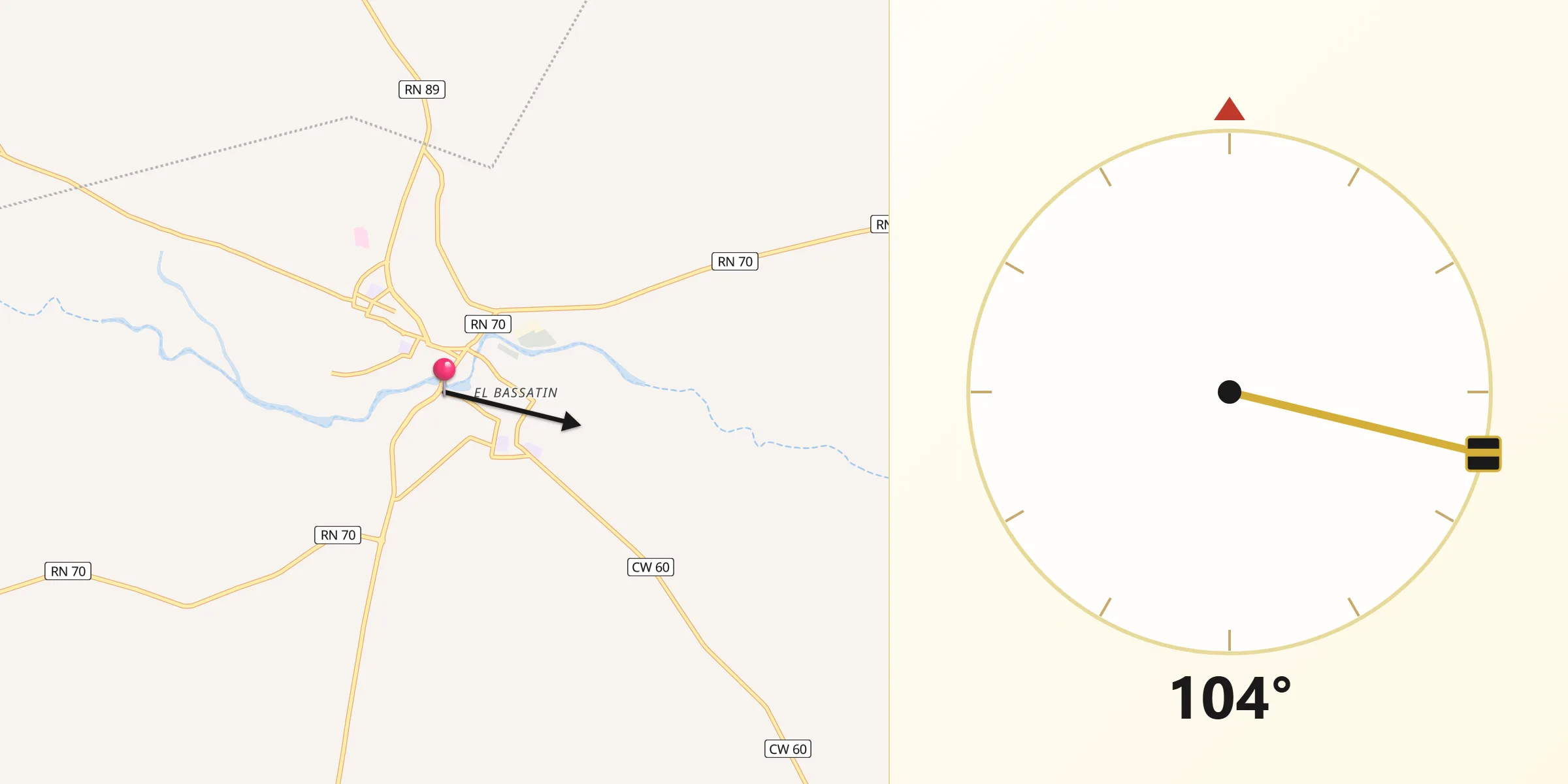 Direction vers la Qibla depuis ’Aïn el Melh