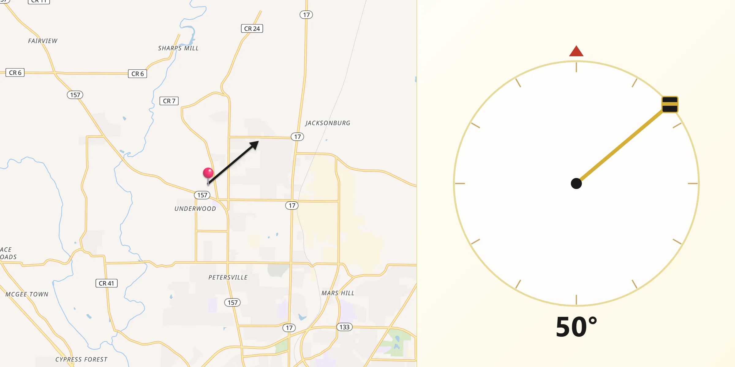 Qibla Direction from Underwood-Petersville