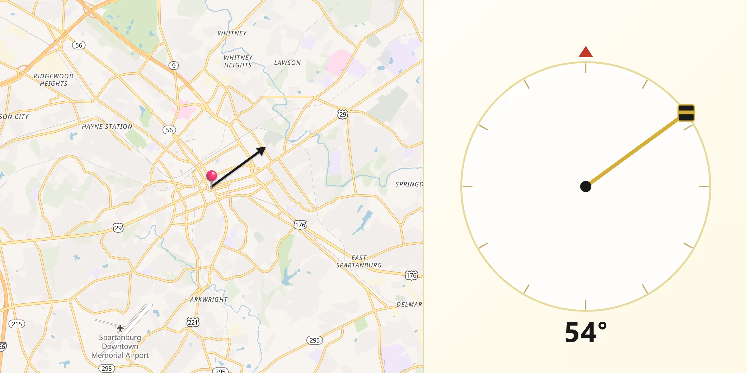Qibla Direction from Spartanburg