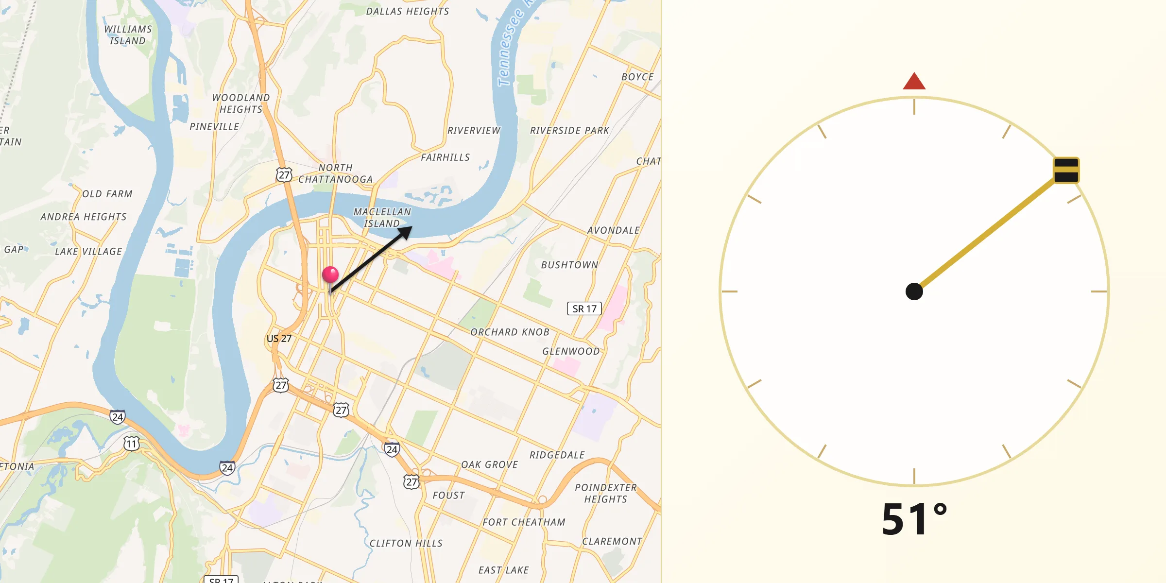 Qibla Direction from Chattanooga