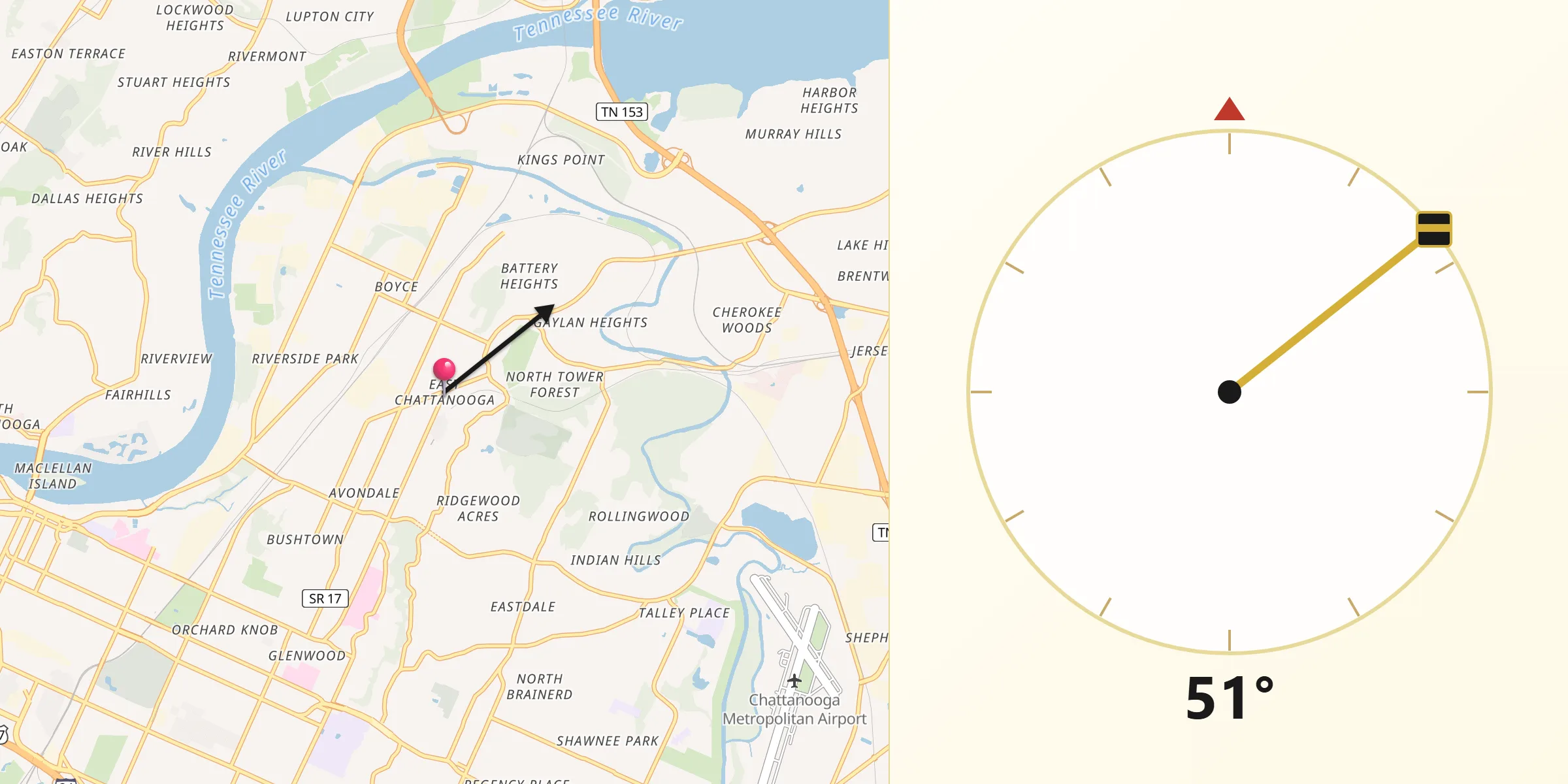 Qibla Direction from East Chattanooga