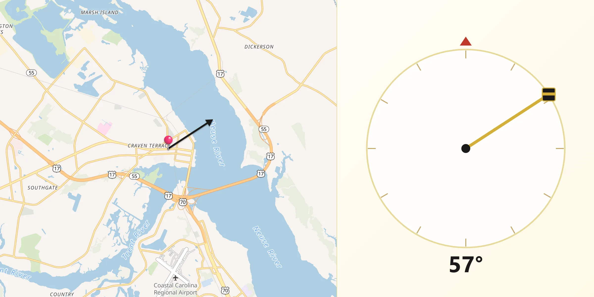 Qibla Direction from New Bern