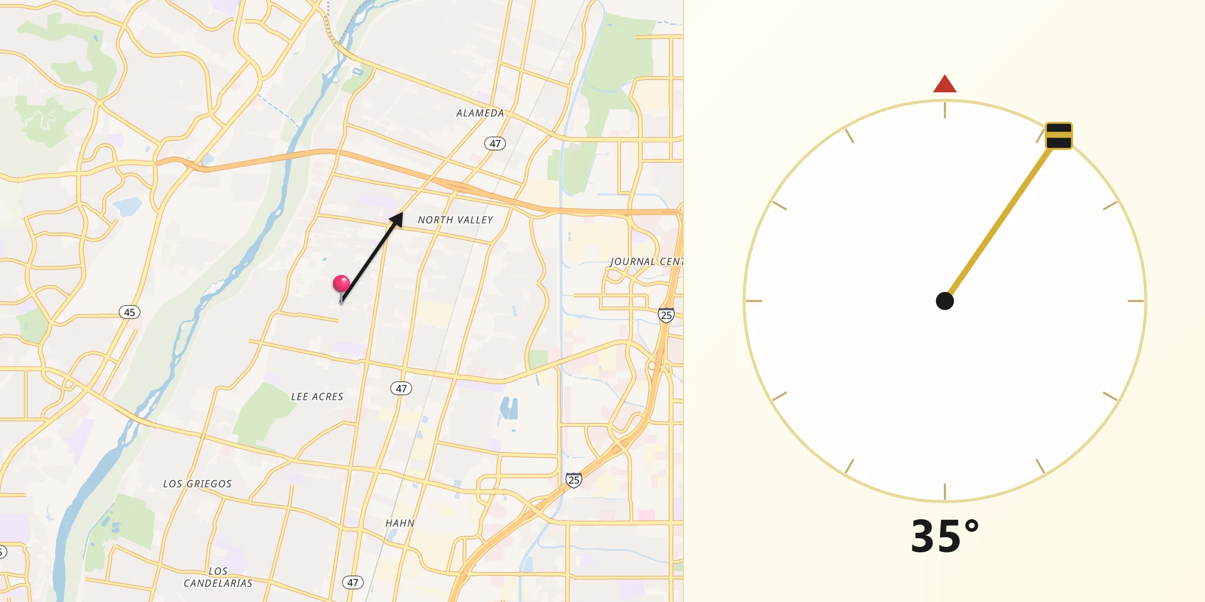 Qibla Direction from Los Ranchos de Albuquerque