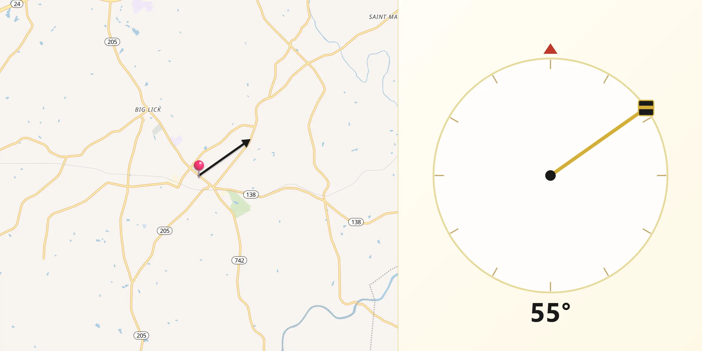 Qibla Direction from Oakboro